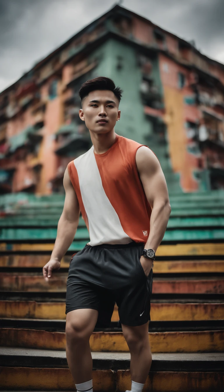 Professional photography, wide angle, closeup photo, Korean man with undercut hair, ideal height, wearing open gym clothes, torn shorts, white Nike shoes, standing on the stairs of a building, stairs made of colorful painted concrete, aesthetic, bokeh, dark background and bokeh, looking towards the camera.