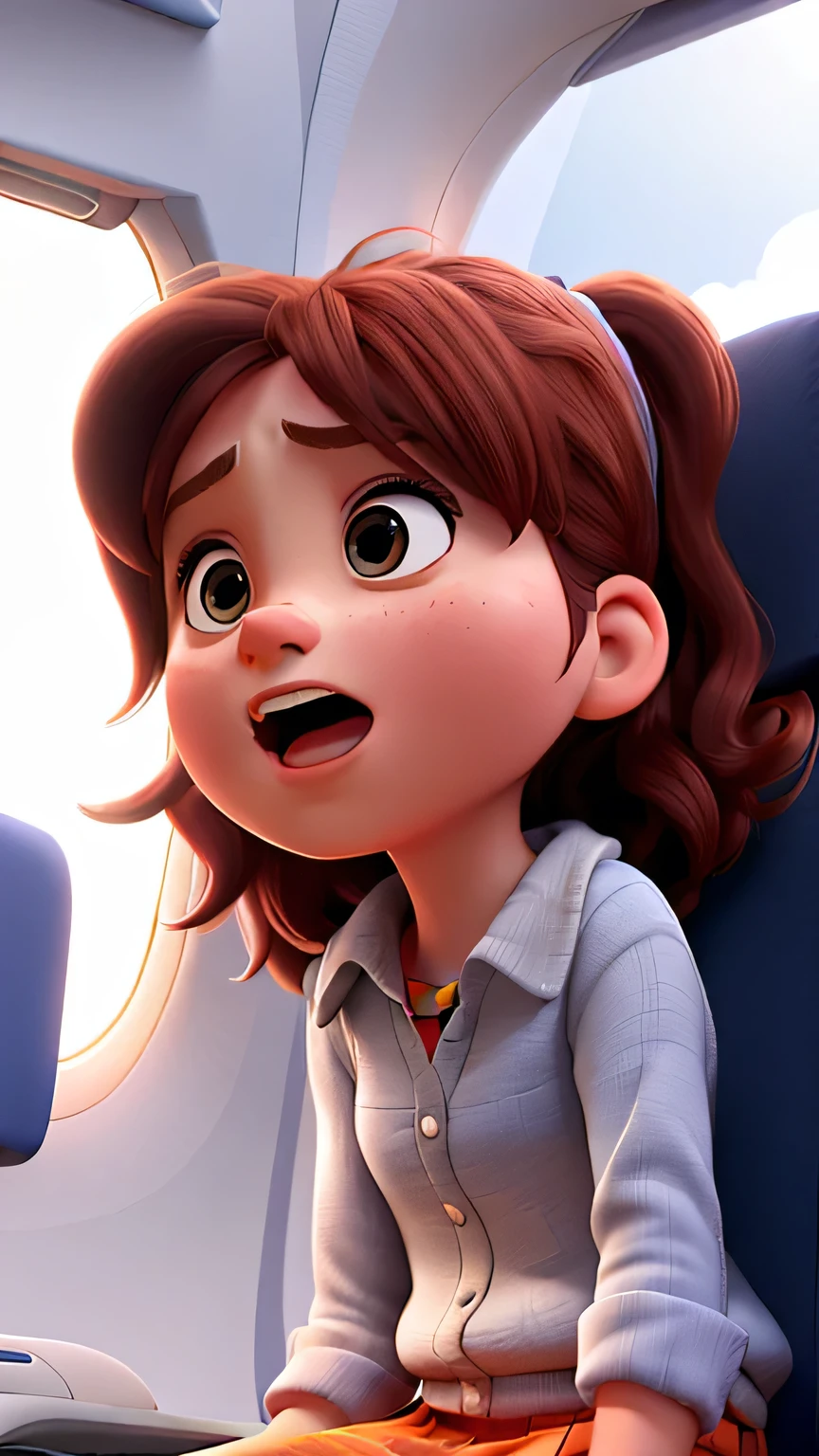 a young girl setting in the airplane beside window she is so angry and shouting, Pixar movie style, 8k realistic