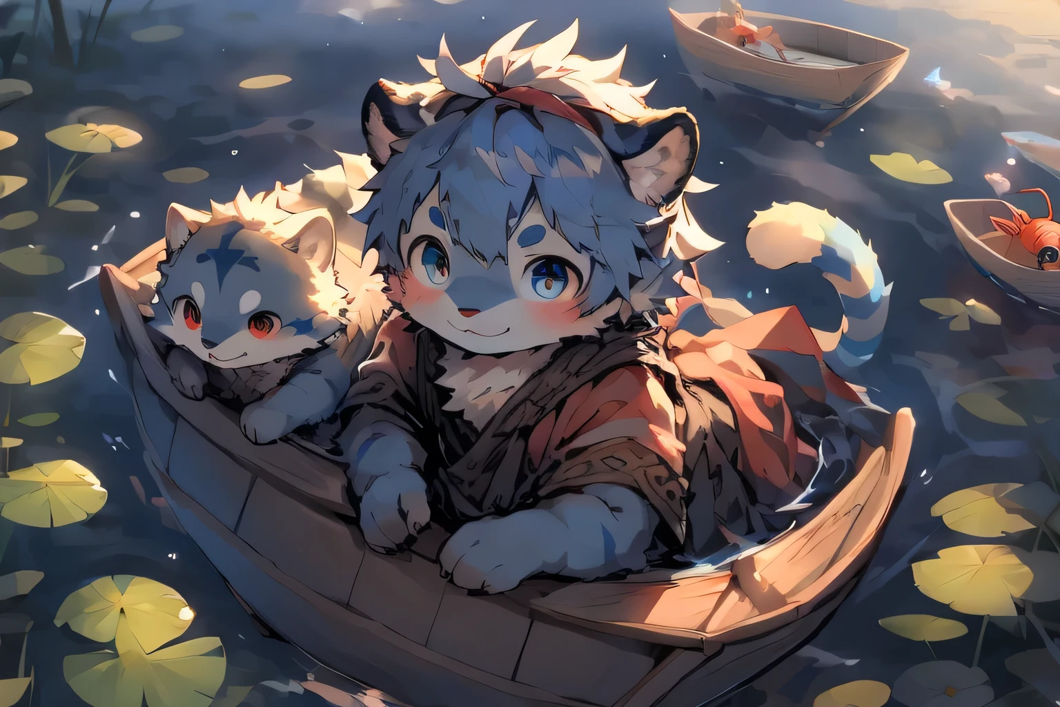 Stylized image of a little boy lying on a Wooden boat, Lovely and detailed digital art, Very very beautiful furry art, Detailed fan art, High quality wallpaper, dress up as a fisherman 🧥, Furry Fantasy Art, Hot topics on artstation pixiv,(( Boys))，Wooden boat，pond，Above water，Wooden paddles，((The only person，The perspective is from above))，, Hairy boy, cub, Blue fur，author：Pino Deheny, crab clams, Milk Tiger 1145, Dagasi, he himself，raccoon
