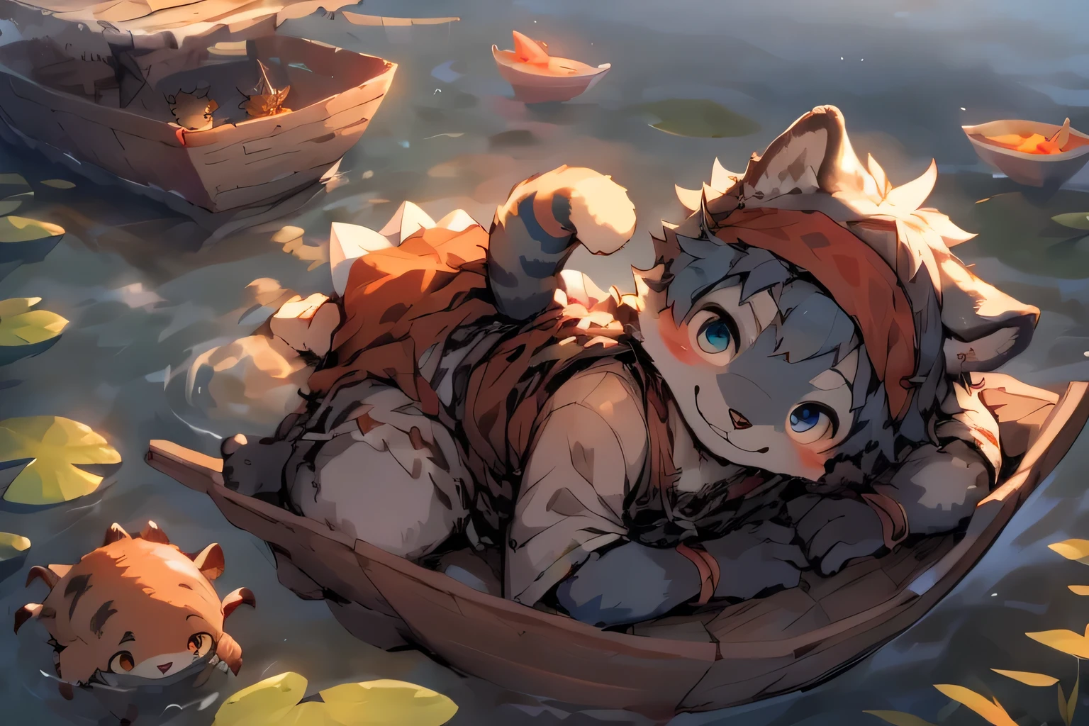 Stylized image of a boy lying on a Wooden boat, Lovely and detailed digital art, Very very beautiful furry art, Detailed fan art, High quality wallpaper, dress up as a fisherman 🧥, Furry Fantasy Art, Hot topics on artstation pixiv,(( Boys)),Wooden boat,pond,Above water,Wooden paddles,((The only person,The perspective is from above)),, Hairy boy, cub, Blue fur,author:Pino Deheny, crab clams, Milk Tiger 1145, Dagasi, he himself,raccoon