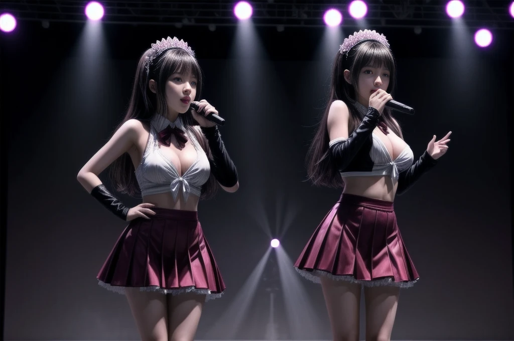 Twin-tailed,AKB48, idol,young Japanese idol,masterpiece, highly detailed, 1girl, solo, on the stage, singing, gigantic breasts, (button gap:-0.5), full body shot