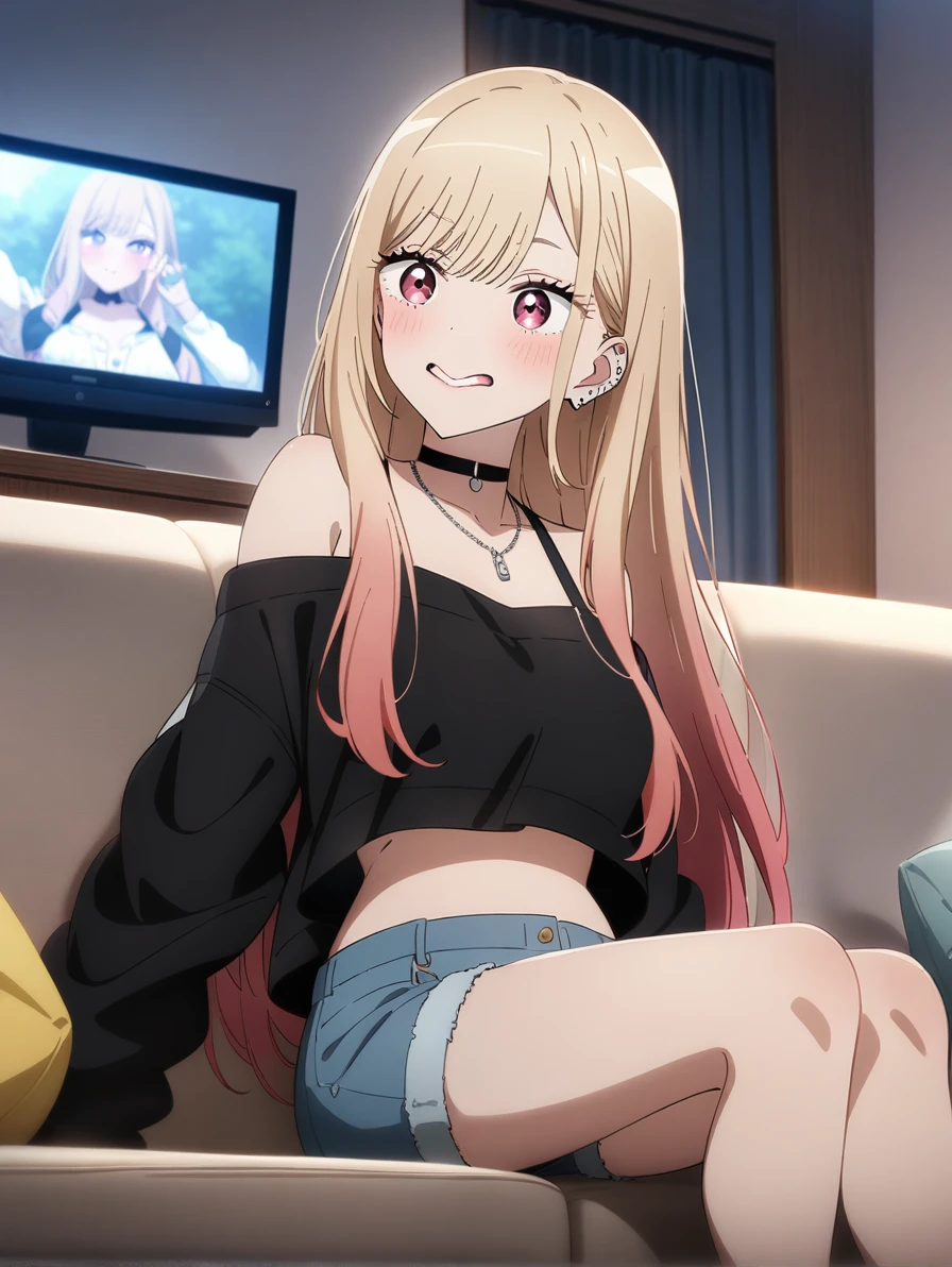 masterpiece, best quality, very aesthetic, absurdres, 1girl, kitagawa marin, sono bisque doll wa koi wo suru, off shoulder knit, short shorts, my room, sitting sofa, watching television, key visual, highly detailed