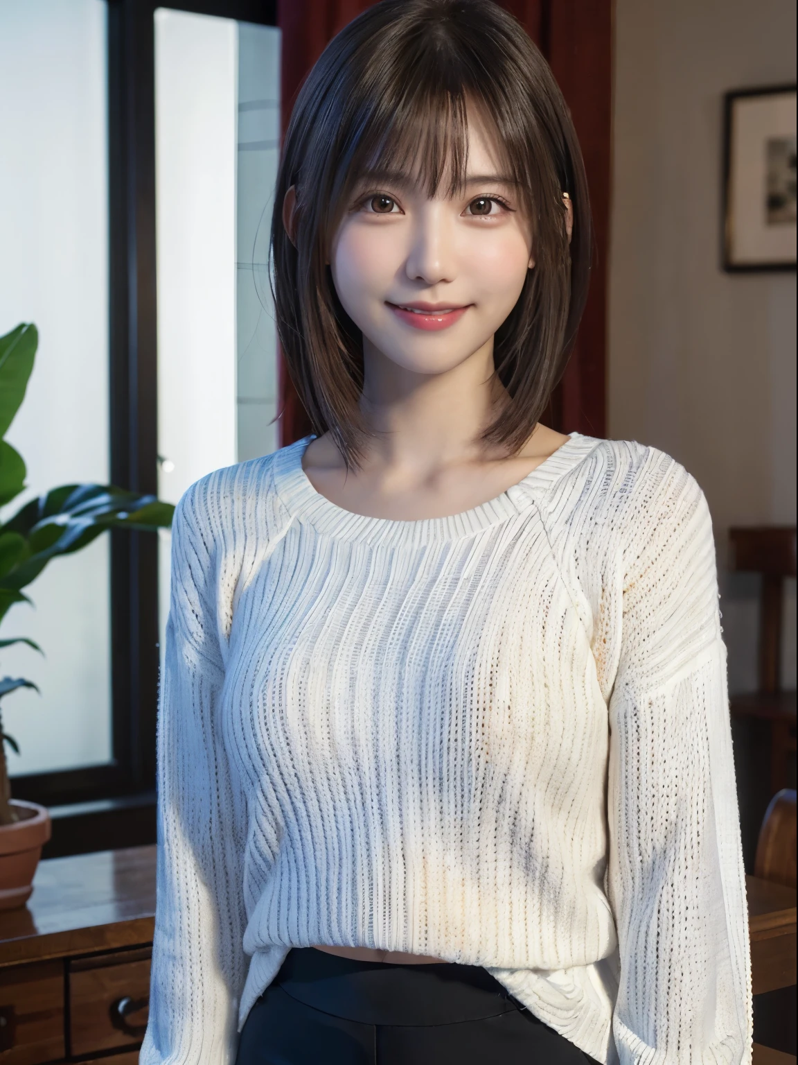 1 Japanese girl,(White sweater:1.4), (RAW Photos, highest quality), (Realistic, Realistic:1.4), Tabletop, Very delicate and beautiful, Very detailed, 8k wallpaper, wonderful, In detail, Very detailedなCG Unity, High resolution, Soft Light, Beautiful details 19 years old, Very detailedな目と顔, Beautiful and detailed nose, Beautiful details,Cinema Lighting,Perfect Anatomy,Slender body,smile (Asymmetrical bangs,)