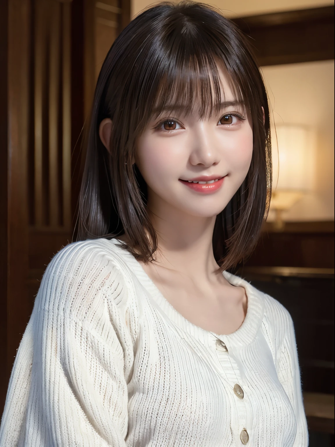 1 Japanese girl,(White sweater:1.4), (RAW Photos, highest quality), (Realistic, Realistic:1.4), Tabletop, Very delicate and beautiful, Very detailed, 8k wallpaper, wonderful, In detail, Very detailedなCG Unity, High resolution, Soft Light, Beautiful details 19 years old, Very detailedな目と顔, Beautiful and detailed nose, Beautiful details,Cinema Lighting,Perfect Anatomy,Slender body,smile (Asymmetrical bangs,)