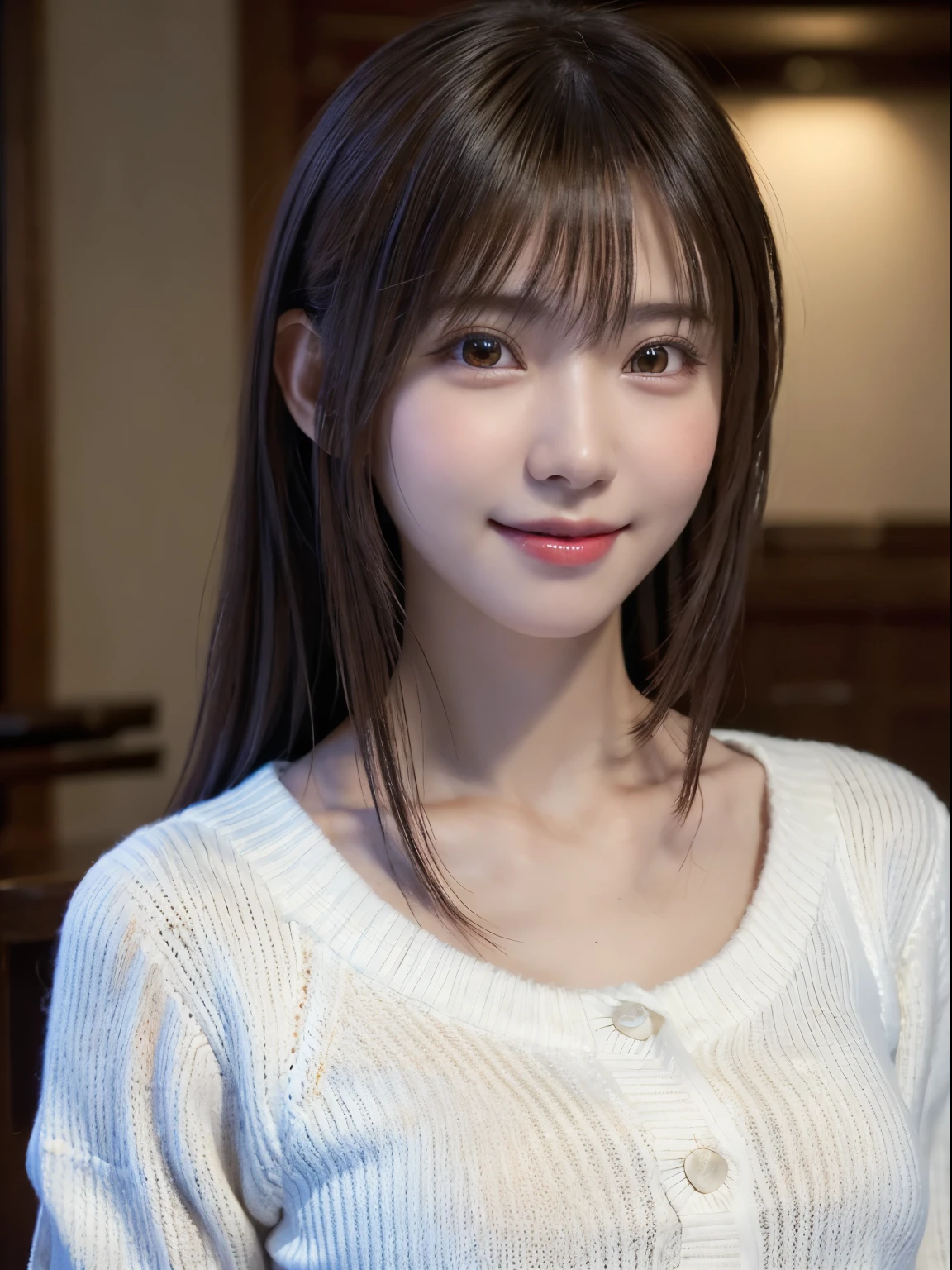 1 Japanese girl,(White sweater:1.4), (RAW Photos, highest quality), (Realistic, Realistic:1.4), Tabletop, Very delicate and beautiful, Very detailed, 8k wallpaper, wonderful, In detail, Very detailedなCG Unity, High resolution, Soft Light, Beautiful details 19 years old, Very detailedな目と顔, Beautiful and detailed nose, Beautiful details,Cinema Lighting,Perfect Anatomy,Slender body,smile (Asymmetrical bangs,)