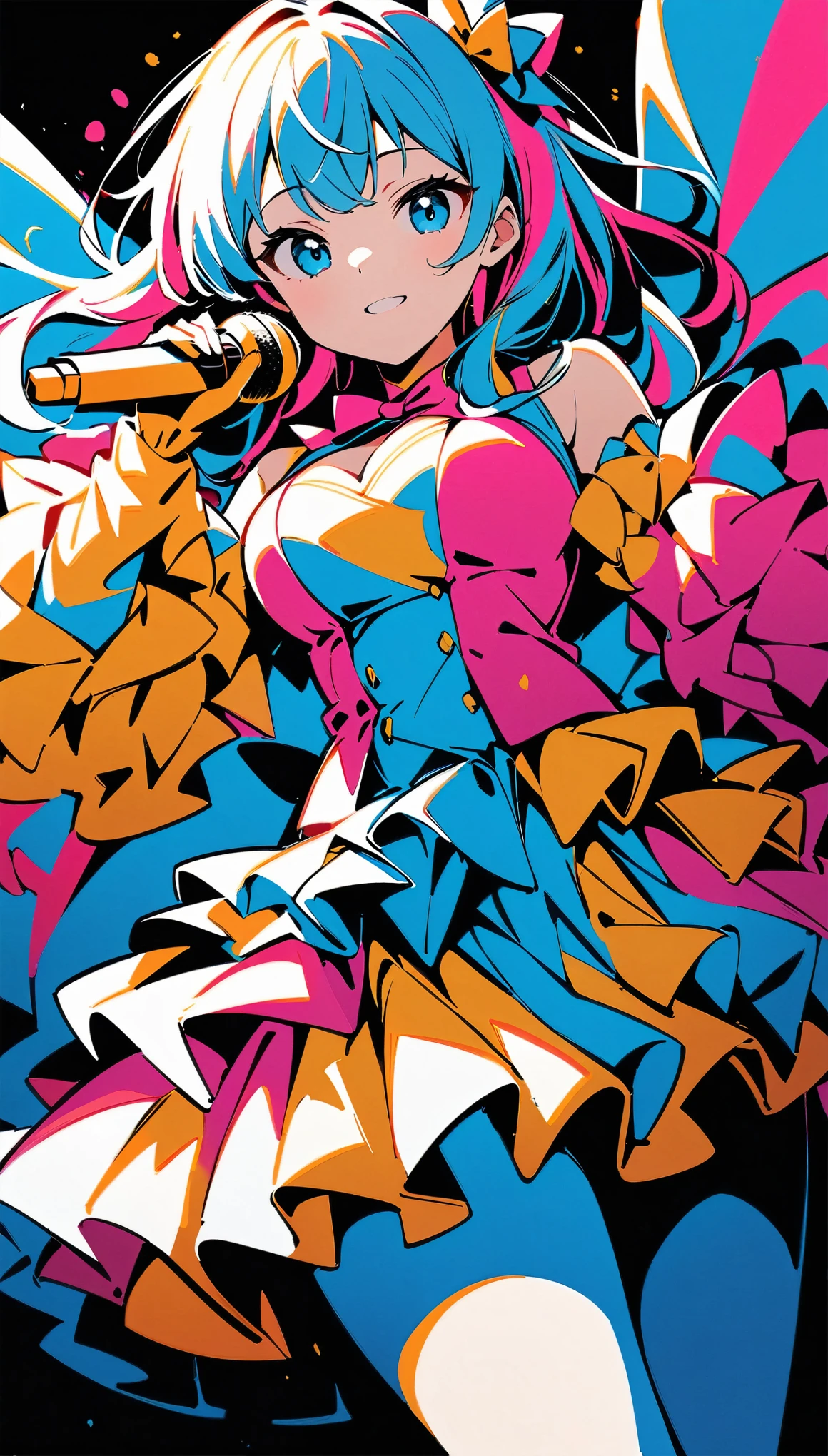 (high quality, 8k, 4K, High Contrast, masterpiece:1.2, 最high quality, Best aesthetics), (Dynamic Angle), ((1 female)), ((Idol Girl)), ((Flat Color)), ((Colorful art)), With the microphone, Ruffled costumes, Colorful Costumes, Looking at the audience, Upper Body, Colored Background, High Contrast, Contrasting colors, Cowboy Shot,