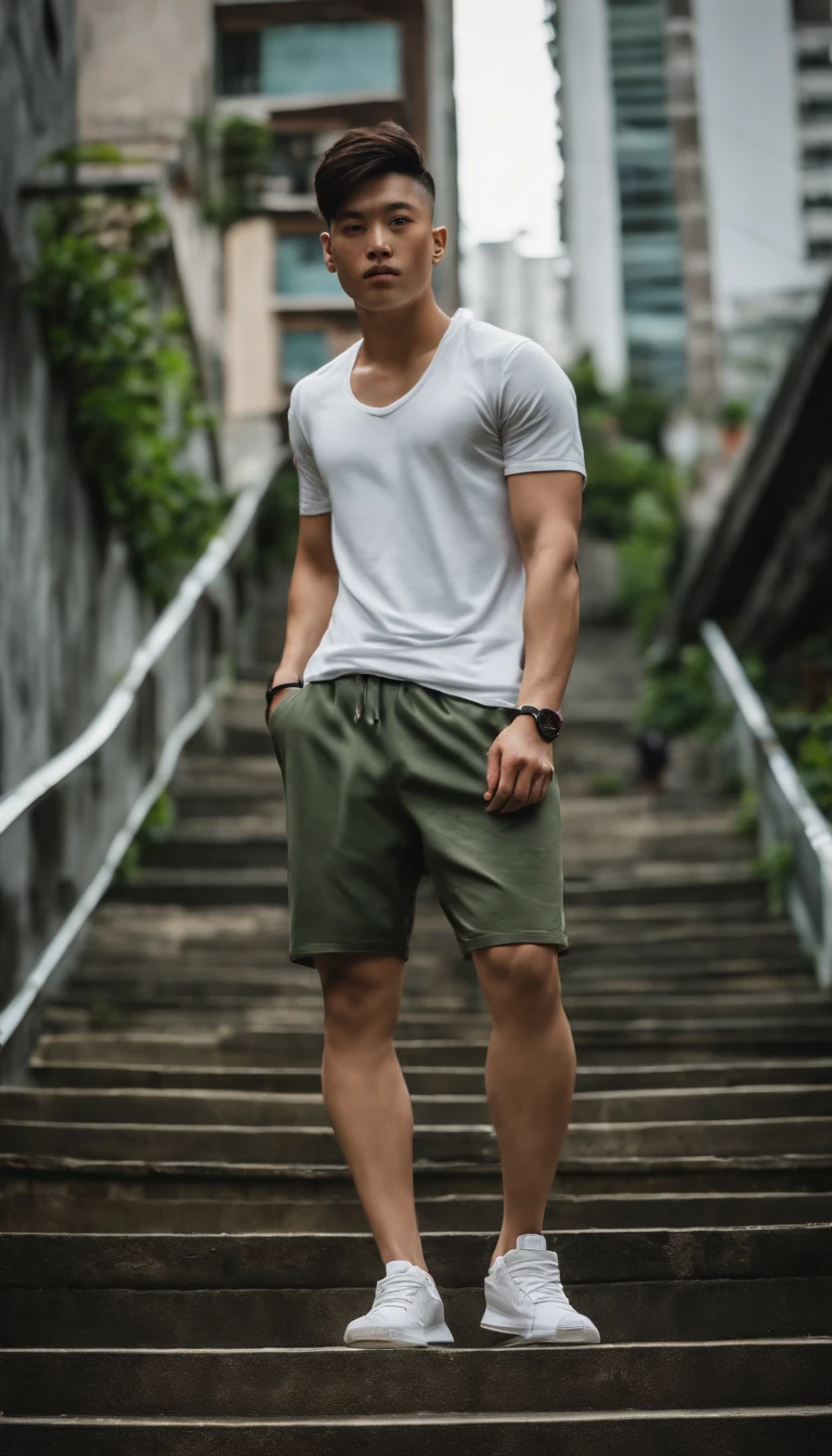 Professional photography, wide angle, closeup photo, Korean man with undercut hair, ideal height, wearing open gym clothes, torn shorts, white Nike shoes, standing on the stairs of a building, stairs made of colorful painted concrete, aesthetic, bokeh, dark background and bokeh, looking towards the camera.