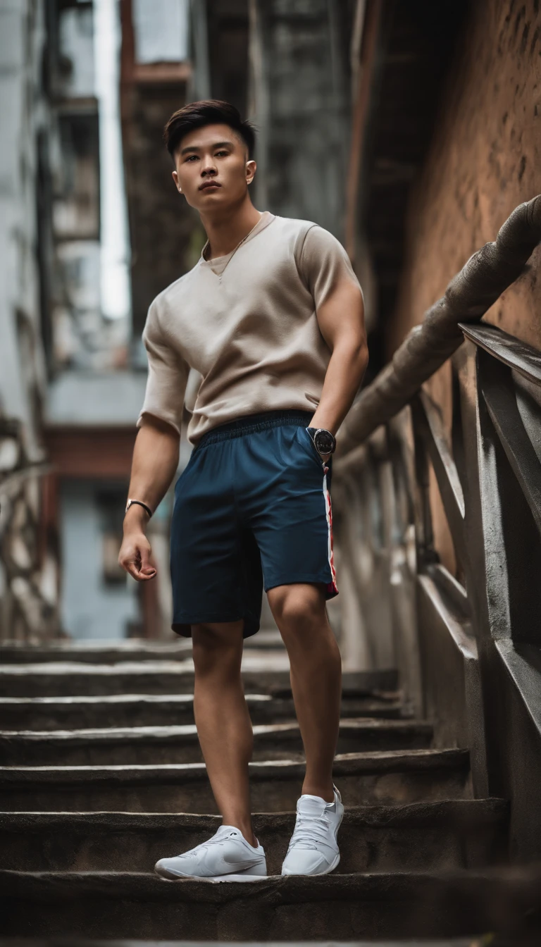 Professional photography, wide angle, closeup photo, Korean man with undercut hair, ideal height, wearing open gym clothes, torn shorts, white Nike shoes, standing on the stairs of a building, stairs made of colorful painted concrete, aesthetic, bokeh, dark background and bokeh, looking towards the camera.