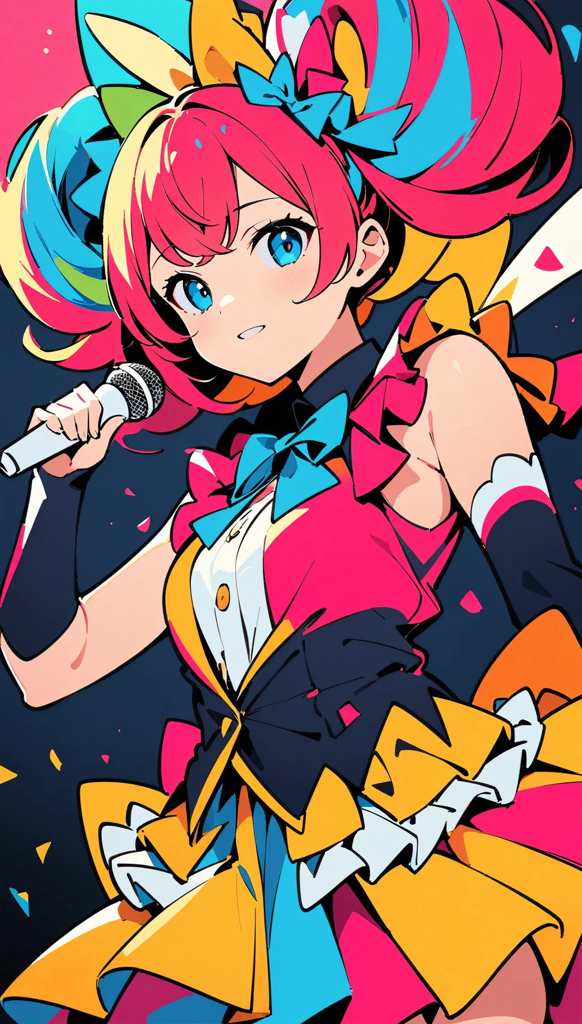 (high quality, 8k, 4K, High Contrast, masterpiece:1.2, 最high quality, Best aesthetics), (Dynamic Angle), ((1 female)), ((Idol Girl)), ((Flat Color)), ((Colorful art)), With the microphone, Ruffled costumes, Colorful Costumes, Looking at the audience, Upper Body, Colored Background, High Contrast, Contrasting colors, Cowboy Shot,