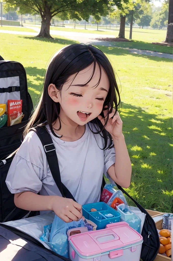 flat color,(girls),cute face,ten,enjoy picnic,park,lunch box,beautiful detailed scenery, closed eyes,open mouth,very loud laugh,shed tears,beautiful lighting,very happy,dynamic angle, sharp,