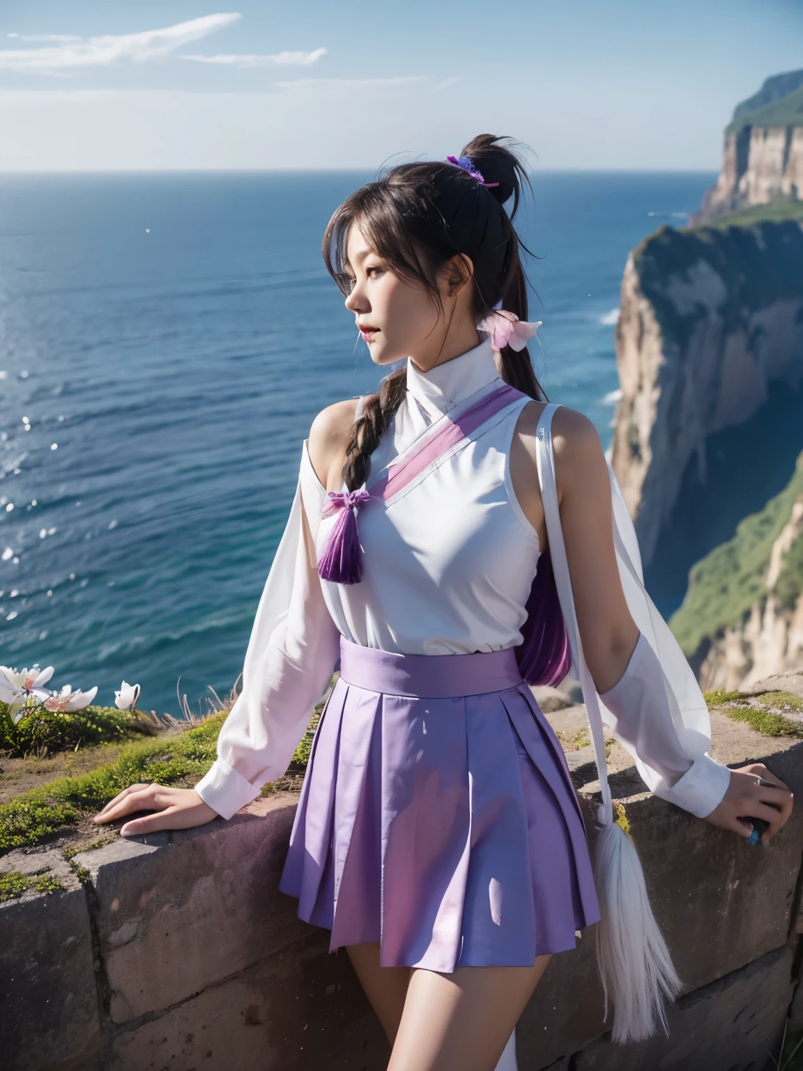 high resolution,In the foreground is a young girl standing next to a cliff,The girl looks into the distance sadly,Holding a fallen purple and white sycamore flower,The girl has a pink low ponytail,Wearing blue Tibetan costume short skirt,The light shines on the girl's soft face,Soft gold light,There is silver-white dark embroidery on it,There are lush purple flowers on the cliff,White sycamore flowers are scattered all over the ground,The sky is dusk time,Like the Aurora, there is a purple light flying across the sky,In the distance is a huge sycamore tree rooted in the middle of the white city,The city is very prosperous,Medieval city,Looking further away, sharp, tooth-like rocks rise from the ground and surround the city.,The dragon's bones are in the distance,Looming
