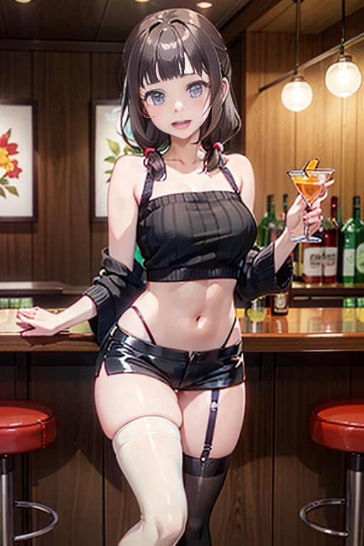 masterpiece,"A 26-year-old girl stands at a bar counter. She is dressed in a stylish off-shoulder dress, sweater dress, off-shoulder sweater, red sweater,garter stocking, cleavage:1.1, midriff, black shorts, black thighhighs, thigh strap, pretty girl, (highly detailed beautiful face and eyes,firm breasts),real skin,((black,hair,long pony tail hair)),thin pubic hair,cute,lovely, detailed eyes, This masterpiece is only visually stunning but also tells,(double breasted:1.0,under bust:1.0),(with sparkling eyes and a contagious smile),open mouth. The bar is beautiful, with colorful bottles of alcohol in the background and a soft glow from neon lights. The atmosphere is relaxed, and the girl looks confident and fashionable.",full body, sexy pose,make a  cocktail , in a bar counter, Looking at Viewer,