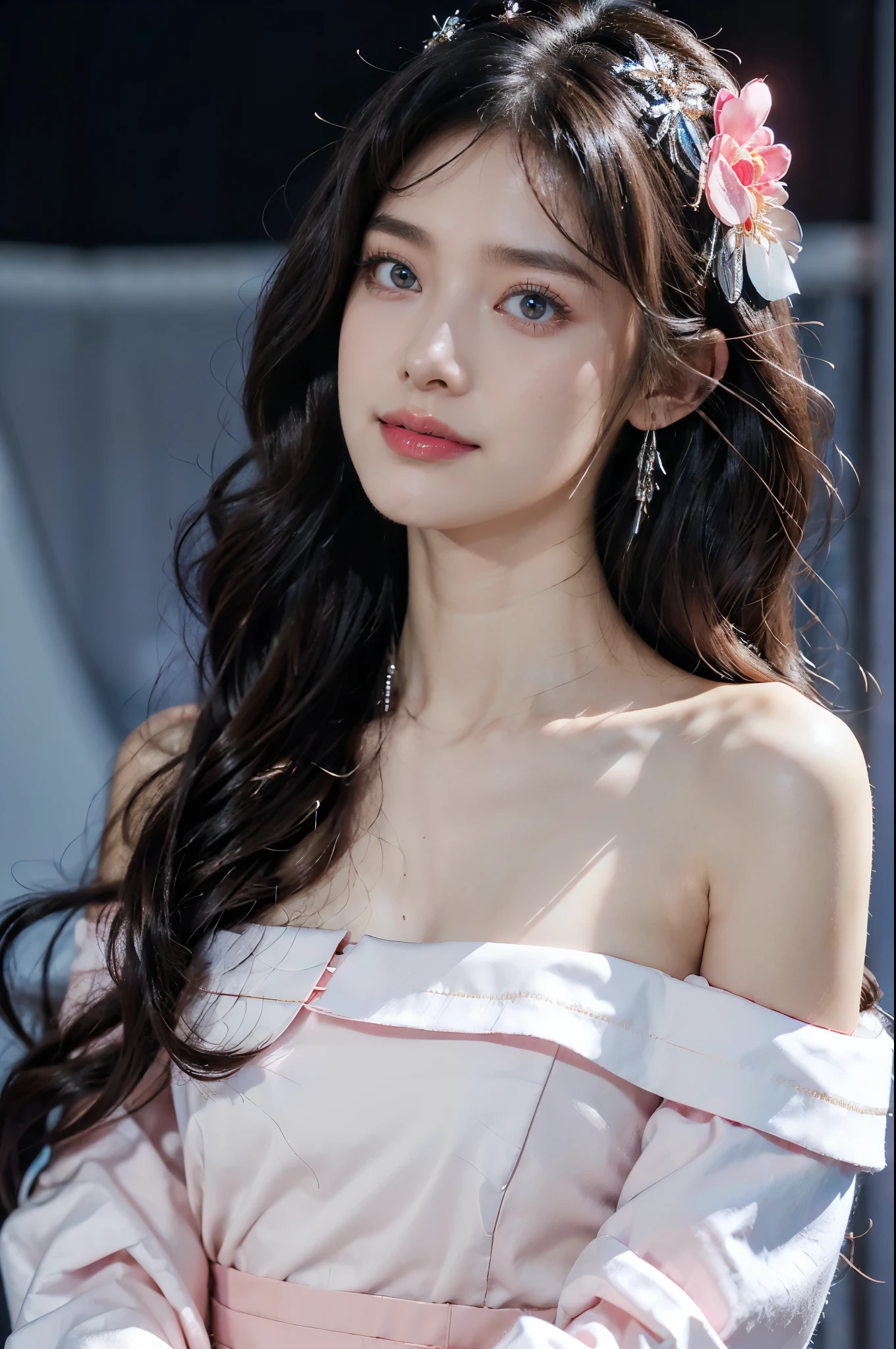 (Extremely meticulous CG),(((8k))),wallpaper,(Portrait above the chest:1.3),((Extremely refined and beautiful)),(((Masterpiece))),(((best qualtiy))),(((Ultra High Resolution))),beautiful light up,realistic shaded,(Smooth and flawless fair skin:1.5),(Extremely exquisite facial details:1.2),(ultra-detailed:1.5),((a beautiful girl,solo)),(Japanese age idol:1.3),(headdress flower:1.3),(shoulder length straight bob hair:1.2),(bangs:1.3),(small head:1.2),(slender face:1.2),(Exquisite makeup:1.3),(smiling:1.2),(laughing:1.2),(blush:1.5),(perfect body:1.1),(collar:1.2),(sleeves:1.3),(dazzling Pink blue checkered Idol costume:1.5),(collared shirt:1.3),(bare shoulder:1.5),((slim,thin)),(small breasts:1.2),(flat chests:1.2),(from front:1.3),(standing:1.3),(In the gorgeous theater:1.3),(on the stage:1.5),(lively atmosphere:1.3),(indoor:1.3),(colorful neon lights:1.3),(Cyberpunk style:1.3),(detailed background:1.5),(night scene:1.5),(close-up of face:1.3),(arms behind back:1.2)