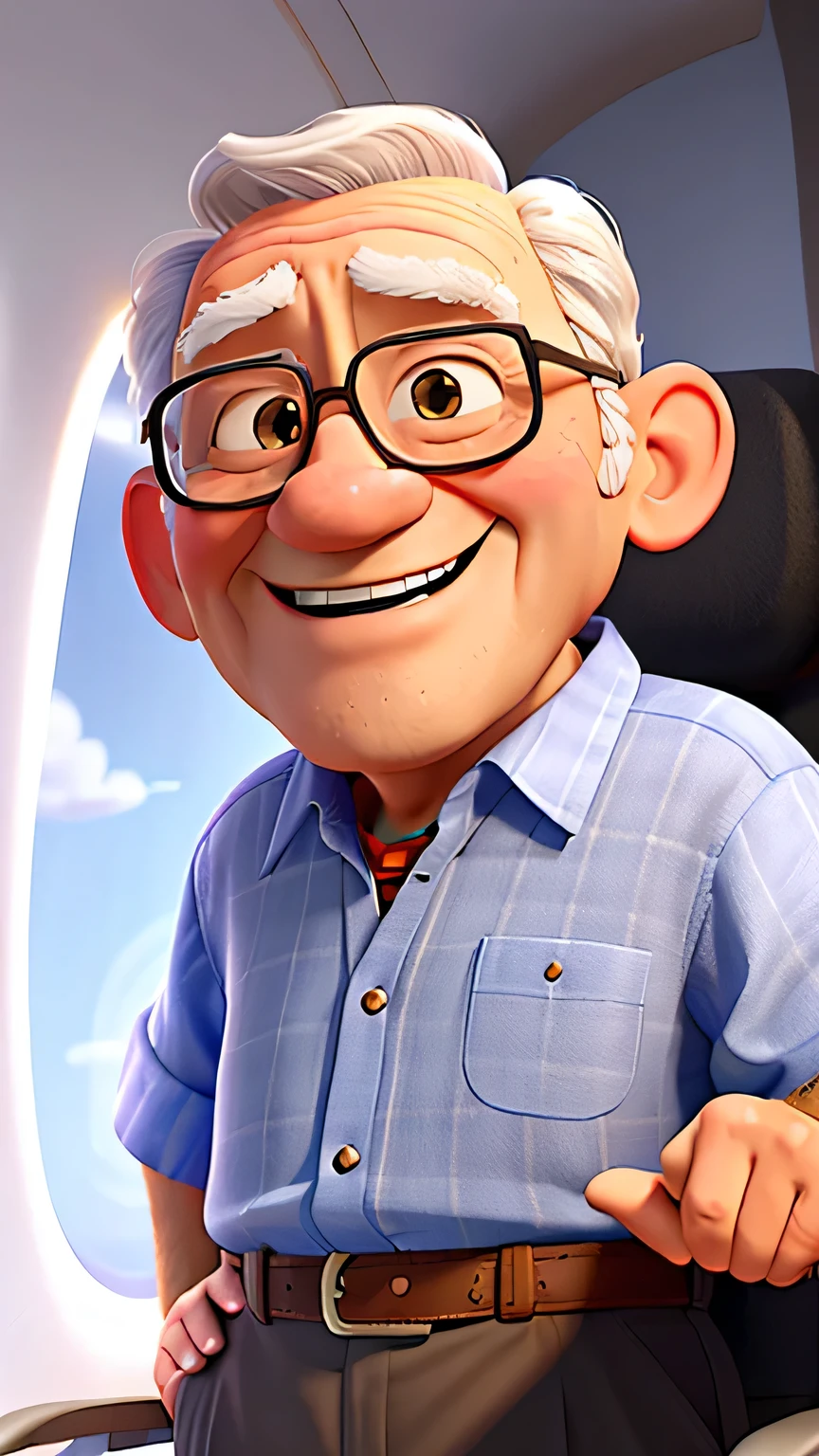 the old man setting in the airplane , smile and happy , Pixar movie style, 8k realistic