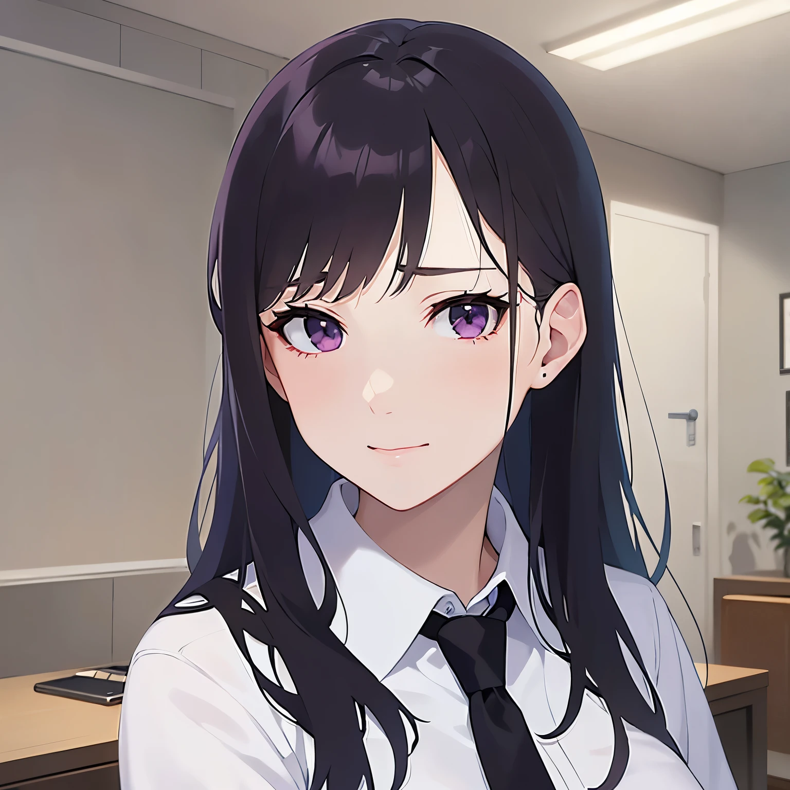side angle, Upper body, Realistic, real person, (pale skin: 1.2), (RAW photo:1.5), photorealistic, shiny skin, shiny hair、(A 25-year-old woman with straight hair and bangs) and (medium hair) and (black hair) and (purple eyes) and (half eyes), (business suit) and (white collared shirt), confused, smile, Background is an office room、alone、Are standing