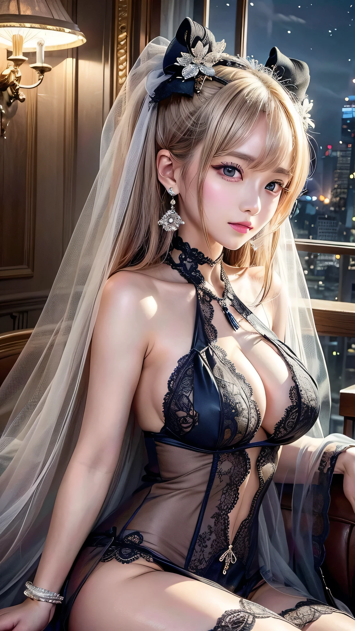 ((masterpiece, highest quality)),, st. Louis (Luxury Wheels) (Azur Lane), High resolution, highest quality, figure, Cinematic Light, Super detailed, Detailed face, (Fine grain), highest quality, Super detailed, masterpiece, (Detailed face), Large Breasts, hair ornaments, Earrings, necklace, Portraiture, Silver Dress, Revealing clothing,Best details, Glowing Eyes, (Hotel:1.2), Sitting in bed, Sitting, bed, window, Night Sky, Backlight, light, (High Contrast), (colorful),