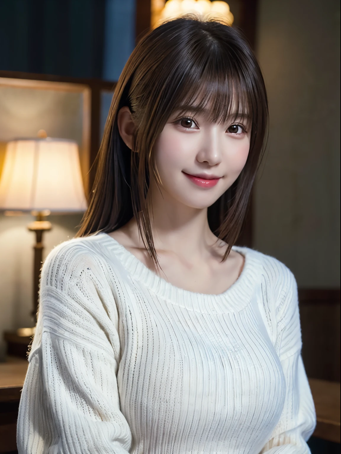 1 Japanese girl,(White sweater:1.4), (RAW Photos, highest quality), (Realistic, Realistic:1.4), Tabletop, Very delicate and beautiful, Very detailed, 8k wallpaper, wonderful, In detail, Very detailedなCG Unity, High resolution, Soft Light, Beautiful details 19 years old, Very detailedな目と顔, Beautiful and detailed nose, Beautiful details,Cinema Lighting,Perfect Anatomy,Slender body,smile  (Asymmetrical bangs,)