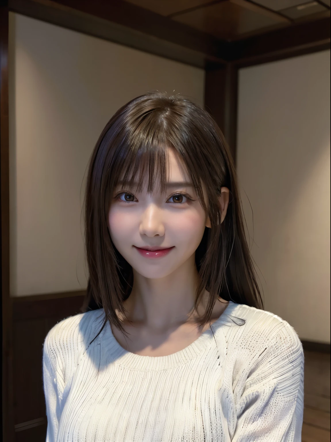 1 Japanese girl,(White sweater:1.4), (RAW Photos, highest quality), (Realistic, Realistic:1.4), Tabletop, Very delicate and beautiful, Very detailed, 8k wallpaper, wonderful, In detail, Very detailedなCG Unity, High resolution, Soft Light, Beautiful details 19 years old, Very detailedな目と顔, Beautiful and detailed nose, Beautiful details,Cinema Lighting,Perfect Anatomy,Slender body,smile  (Asymmetrical bangs,)