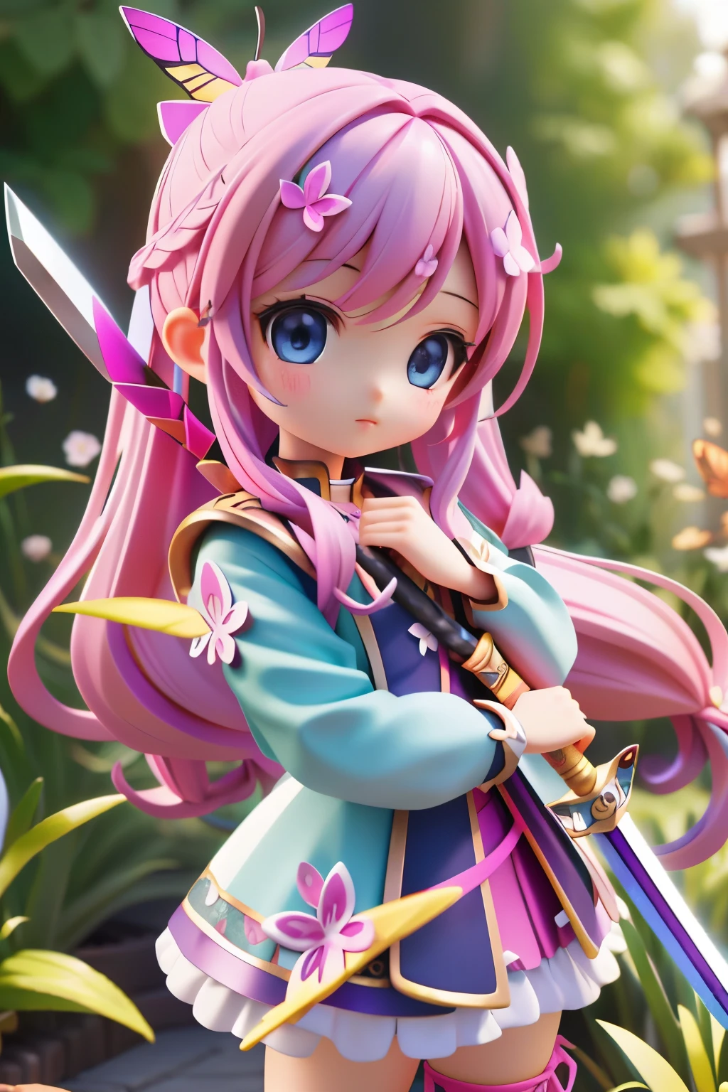 Octane Render、(Hyper-detailing: 1.15)、cinematic lightening、Sword Practice、long sword、Knee-high boots、super fine eyes、Full Paint、(floral hair ornament、butterfly hair ornament)、muste piece、anatomically correct、Blur、Depth of the bounds written