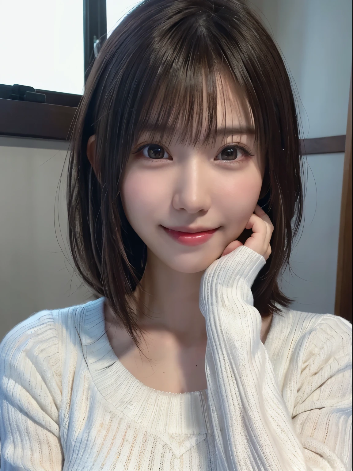 1 Japanese girl,(White sweater:1.4), (RAW Photos, highest quality), (Realistic, Realistic:1.4), Tabletop, Very delicate and beautiful, Very detailed, 8k wallpaper, wonderful, In detail, Very detailedなCG Unity, High resolution, Soft Light, Beautiful details 19 years old, Very detailedな目と顔, Beautiful and detailed nose, Beautiful details,Cinema Lighting,Perfect Anatomy,Slender body,smile (Asymmetrical bangs,)
