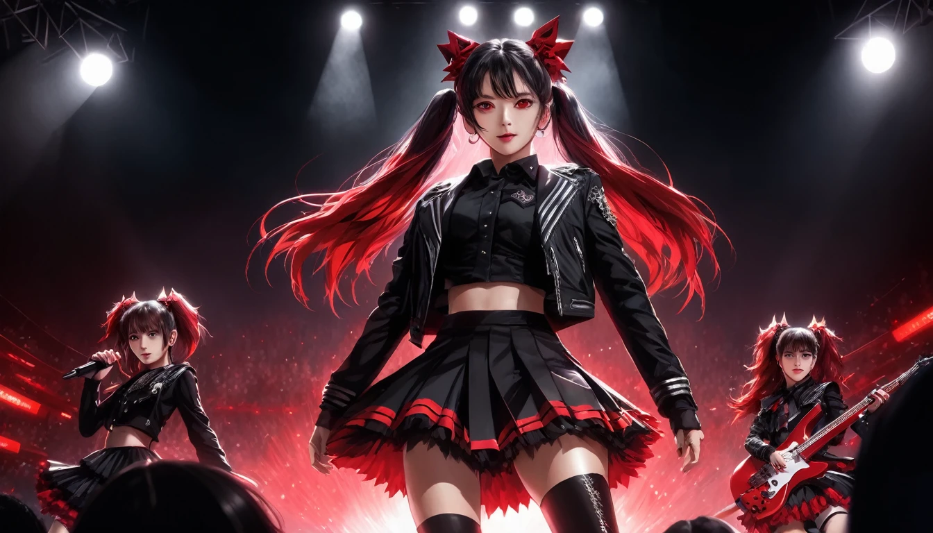 (best quality,high res,masterpiece:1.2),3girls,detailed eyes and face,black shirt,black jacket,red skirt,torn clothes,concert,stage,metal, action dance and sing, metal band stage, Dark colors, scenic lights, 