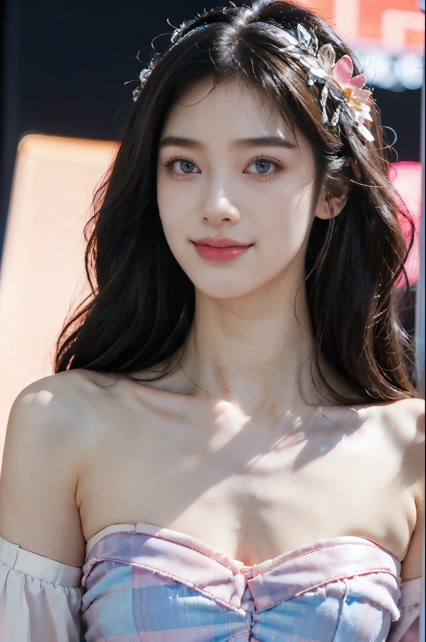 (Extremely meticulous CG),(((8k))),wallpaper,(Portrait above the chest:1.3),((Extremely refined and beautiful)),(((Masterpiece))),(((best qualtiy))),(((Ultra High Resolution))),beautiful light up,realistic shaded,(Smooth and flawless fair skin:1.5),(Extremely exquisite facial details:1.2),(ultra-detailed:1.5),((a beautiful girl,solo)),(Japanese teenage idol:1.3),(headdress flower:1.3),(shoulder length straight bob hair:1.2),(bangs:1.3),(small head:1.2),(slender face:1.2),(Exquisite makeup:1.3),(smiling:1.2),(laughing:1.2),(blush:1.5),(perfect body:1.1),(collar:1.2),(sleeves:1.3),(strapless dazzling Pink blue checkered bra:1.5),(collared shirt:1.3),((slim,thin)),(small breasts:1.2),(flat chests:1.2),(from front:1.3),(standing:1.3),(In the gorgeous theater:1.3),(on the stage:1.5),(lively atmosphere:1.3),(indoor:1.3),(colorful neon lights:1.3),(Cyberpunk style:1.3),(detailed background:1.5),(night scene:1.5),(close-up of face:1.3),(arms behind back:1.2)