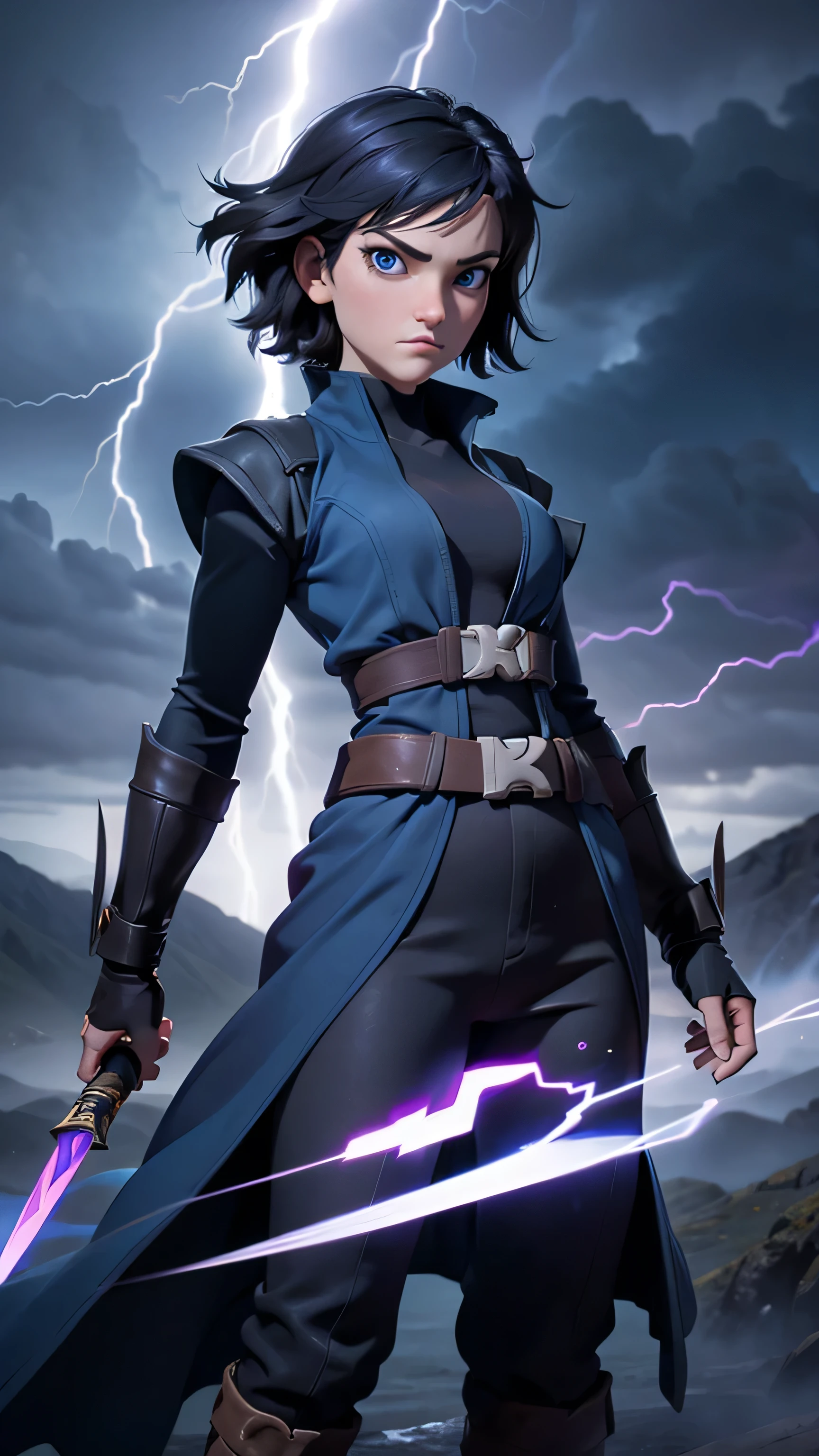 1girl, highly detailed, masterpiece, best quality, correct hands, medium breasts, short black hair, short hair, blue eyes, black robe, black pants, blue shirt, purple vest, defined curves, smug look, satisfied look, mountain background, storm, lightning, stormy atmosphere, flying, floating above the ground, surrounded by lightning, static sparks, holding a sword