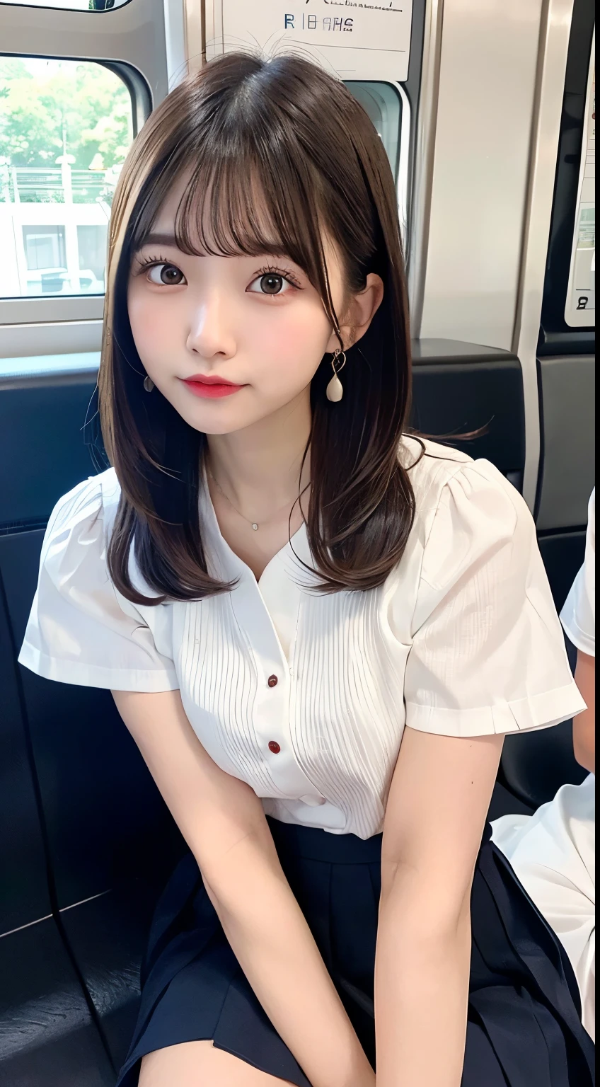 8K RAW Photos、High resolution、breast enhancement、Abdominal muscles、Ribbed、Black-haired、Beautiful at 22 years old Japan、Round face、very small lips、Round big、valley、Beautifully drawn eyes in every detail、Long eyelashes、Beautiful double eyelids、Three white eyes、Duck mouth、Blunt bangs、Bowl Cut、Earrings、necklace、Random facial expressions、White dress shirt, Upper Body,, (Navy Pleated Skirt:1.1), Thighs Thighs Thighs Thighs, Short sleeve, in the train, sit on bench seat,  (Dark red tie:1.1)、Shortcuts