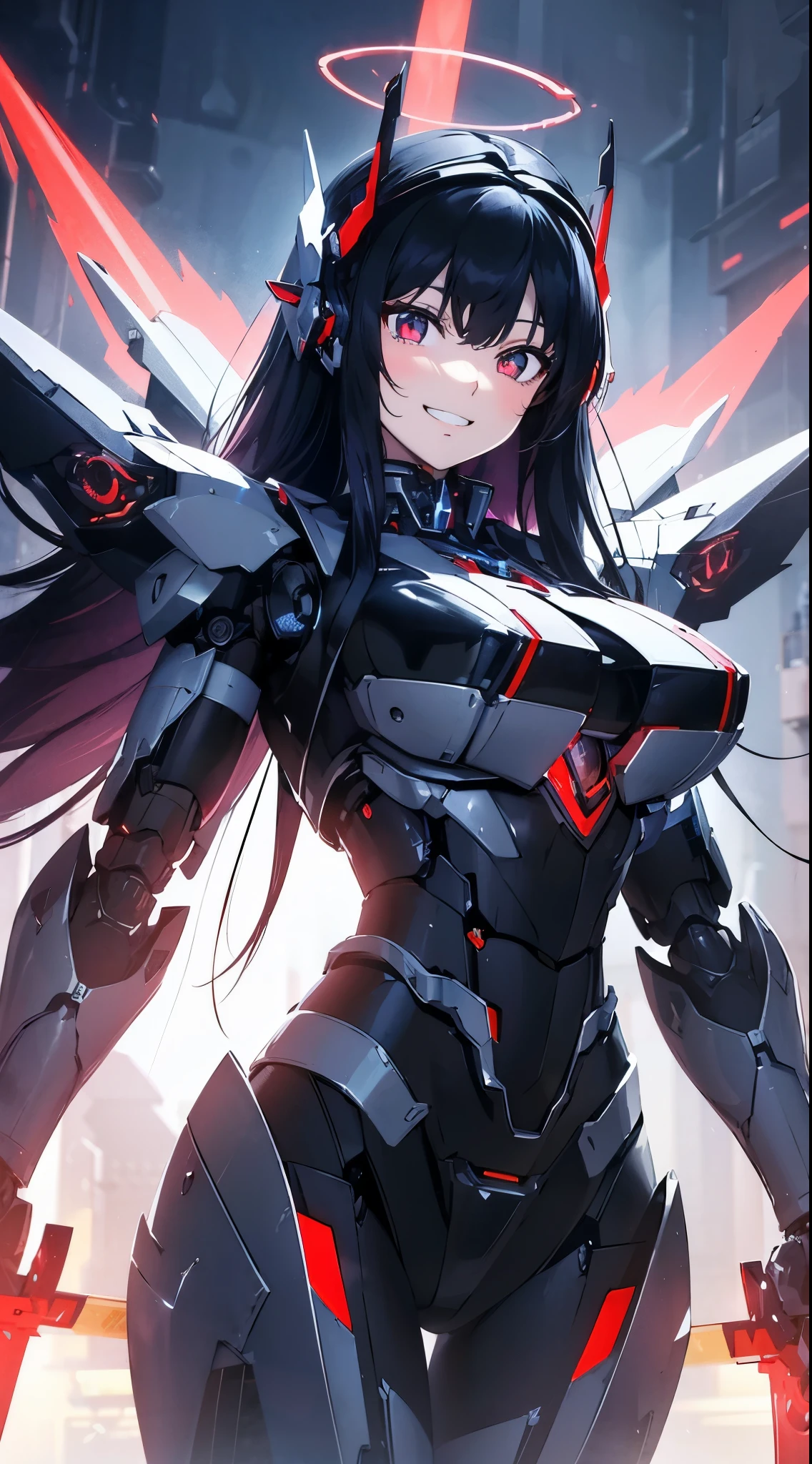 Eyes of the machine glowing red、Grinning