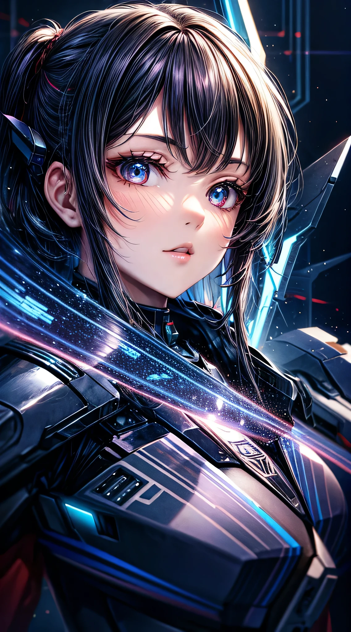 highest quality ,masterpiece, shape, Very delicate and beautiful, Very detailed ,CG ,Unity ,8k wallpaper, wonderful, finely, masterpiece,highest quality,Official Art,Very detailed CG Unity 8k wallpaper,Confused, incredibly Confused, Very detailed, High resolution, Very detailed,Beautiful detailed girl,The light shines on your face, 1 girl, Mecha, armor, Mechanical_body, Black Hair, Spaceship, city, cyber punk, star_null,