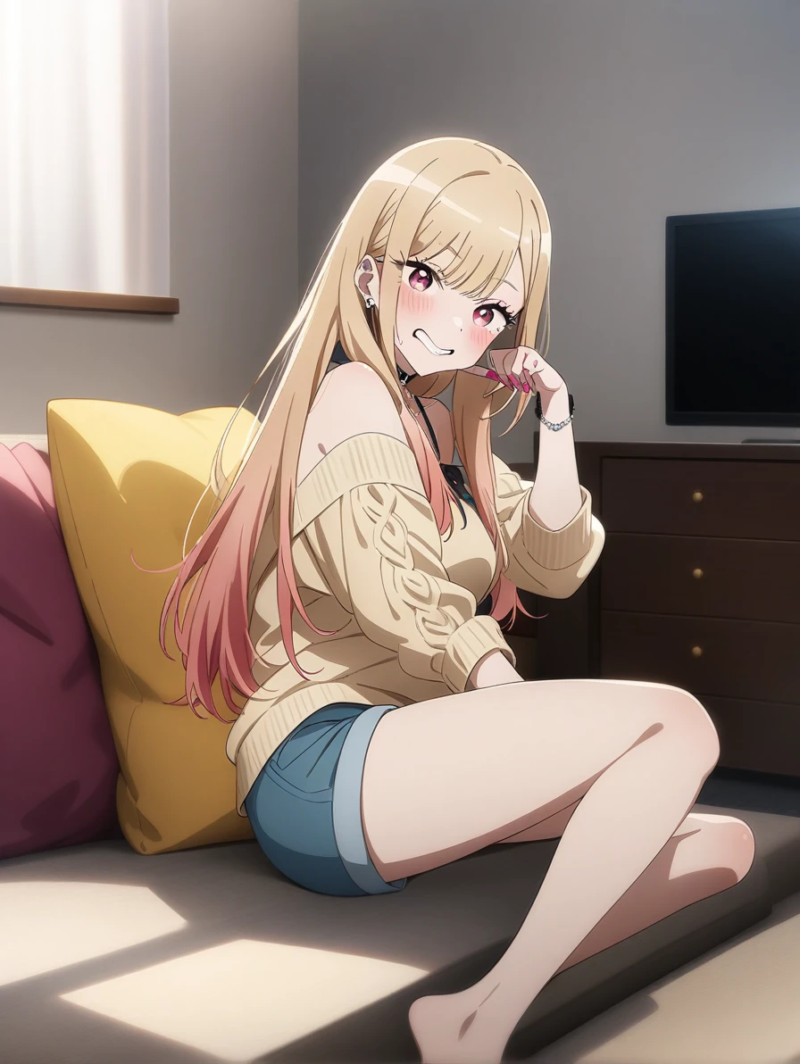 masterpiece, best quality, very aesthetic, absurdres, 1girl, kitagawa marin, sono bisque doll wa koi wo suru, off shoulder knit, short shorts, my room, sitting sofa, watching television, full body, key visual, highly detailed