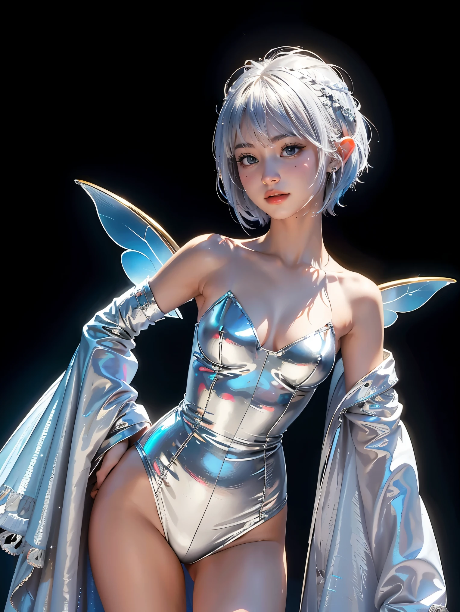 (extremely detailed CG unity 8k wallpaper, masterpiece, best quality, ultra-detailed), (best illumination, best shadow, an extremely delicate and beautiful), a cool, dynamic, and original young girl character with a (dynamic pose) and silver (pixie cut hair: 1.3) that reflects the light beautifully.