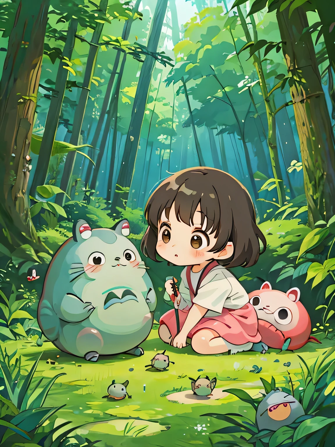 hayao miyazaki style, Kawaii Design, The most beautiful girl of all time、Chibi, Cute and colorful pillbugs、play together、Lots of pillbugs、Totoro Forest