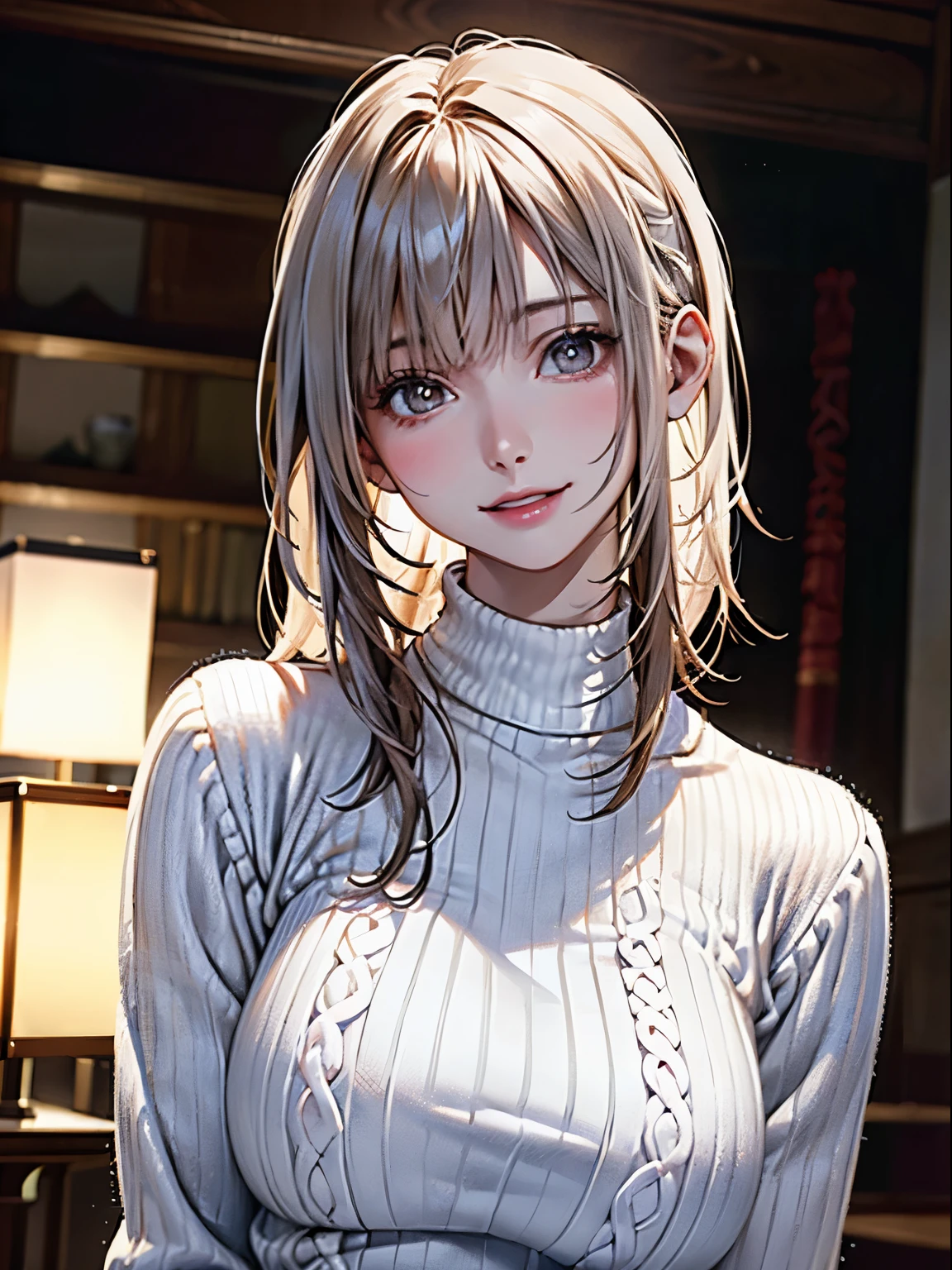 1 Japanese girl,(White sweater:1.4), (RAW Photos, highest quality), (Realistic, Realistic:1.4), Tabletop, Very delicate and beautiful, Very detailed, 8k wallpaper, wonderful, In detail, Very detailedなCG Unity, High resolution, Soft Light, Beautiful details 19 years old, Very detailedな目と顔, Beautiful and detailed nose, Beautiful details,Cinema Lighting,Perfect Anatomy,Slender body,smile (Asymmetrical bangs,)