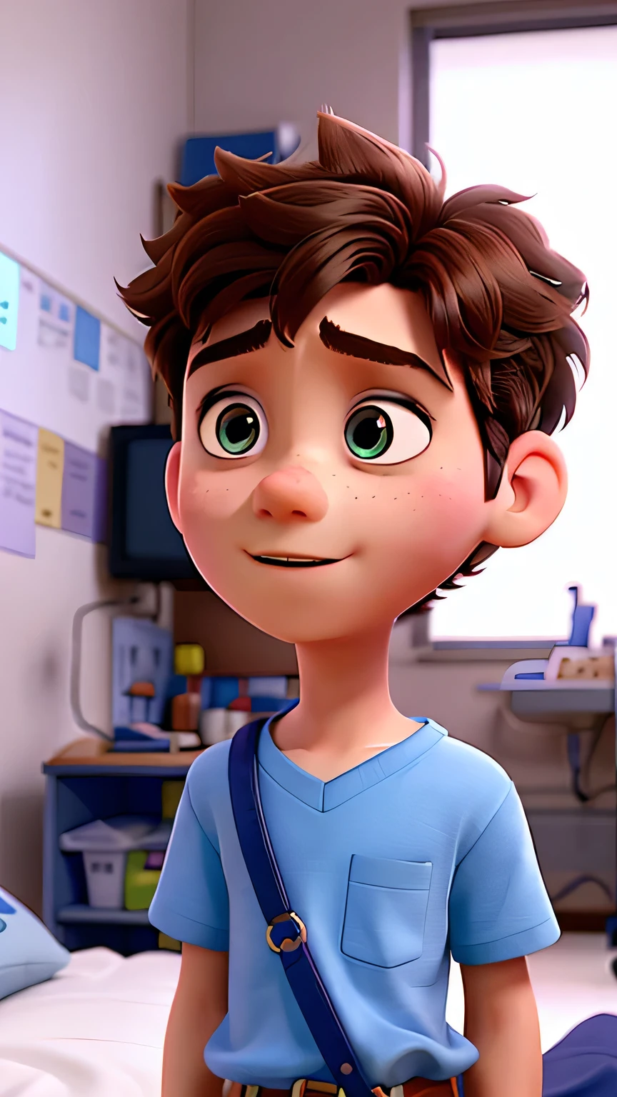 the boy in hospital, his eyes tight. Today , Pixar movie style, 8k realistic