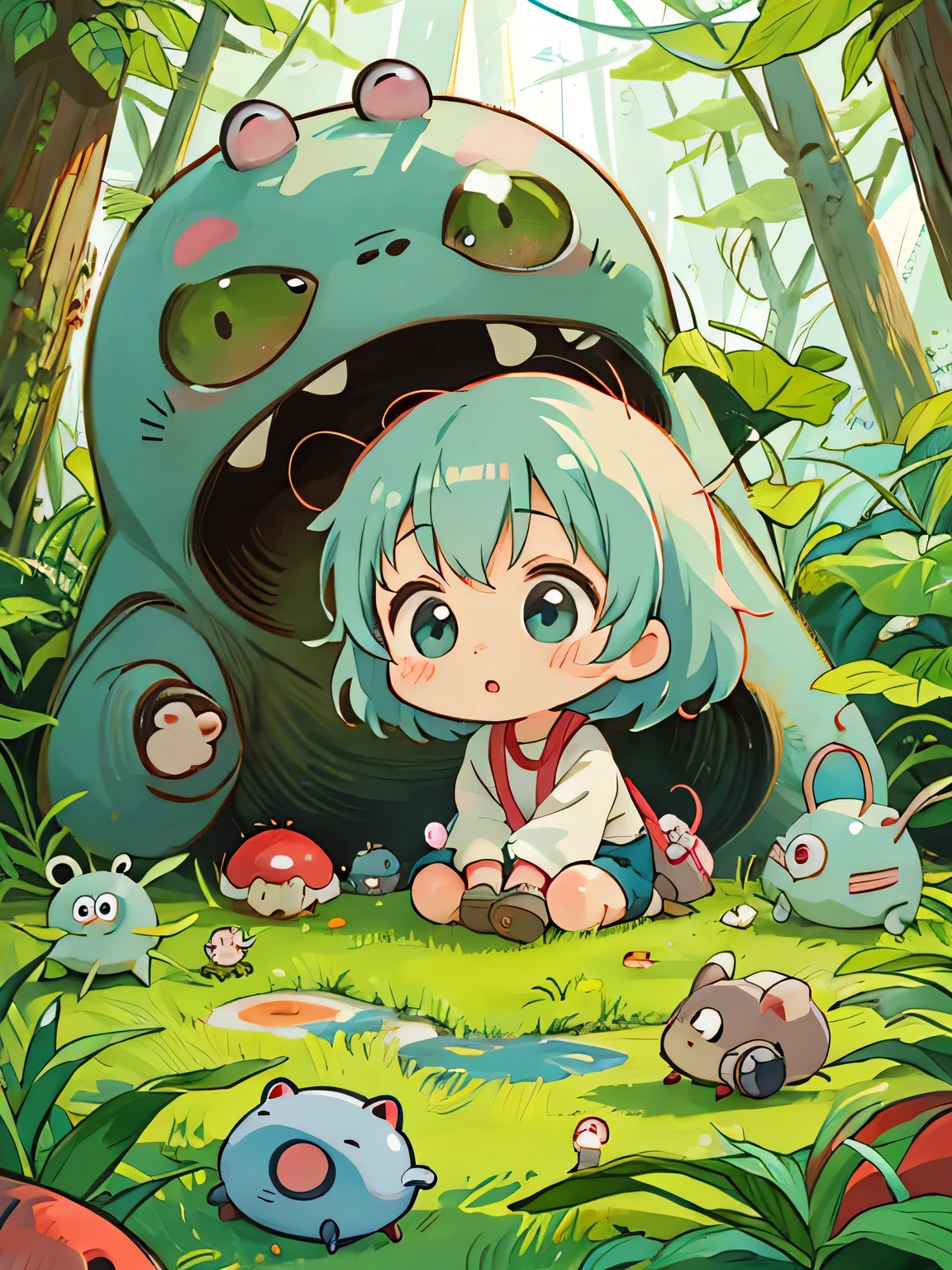 hayao miyazaki style, Kawaii Design, The most beautiful girl of all time、Chibi, Cute and colorful pillbugs、play together、Lots of pillbugs、Totoro Forest