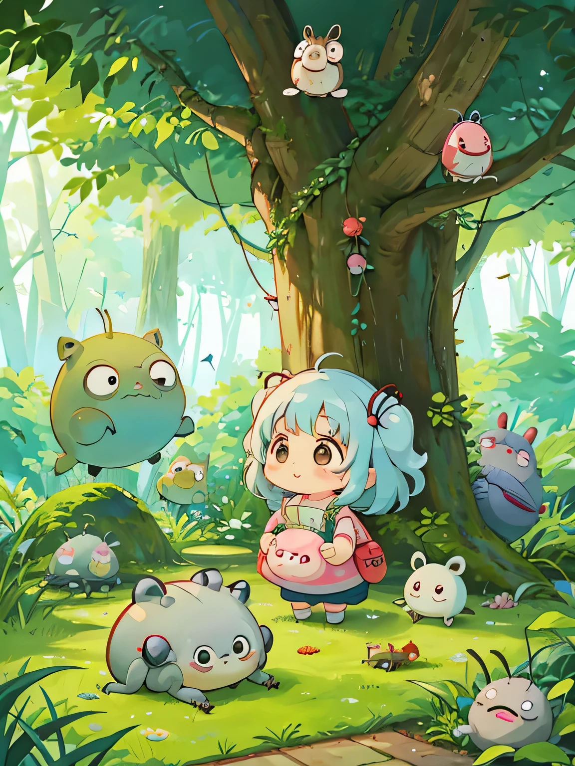 hayao miyazaki style, Kawaii Design, The most beautiful girl of all time、Chibi, Cute and colorful pillbugs、play together、Lots of pillbugs、Totoro Forest