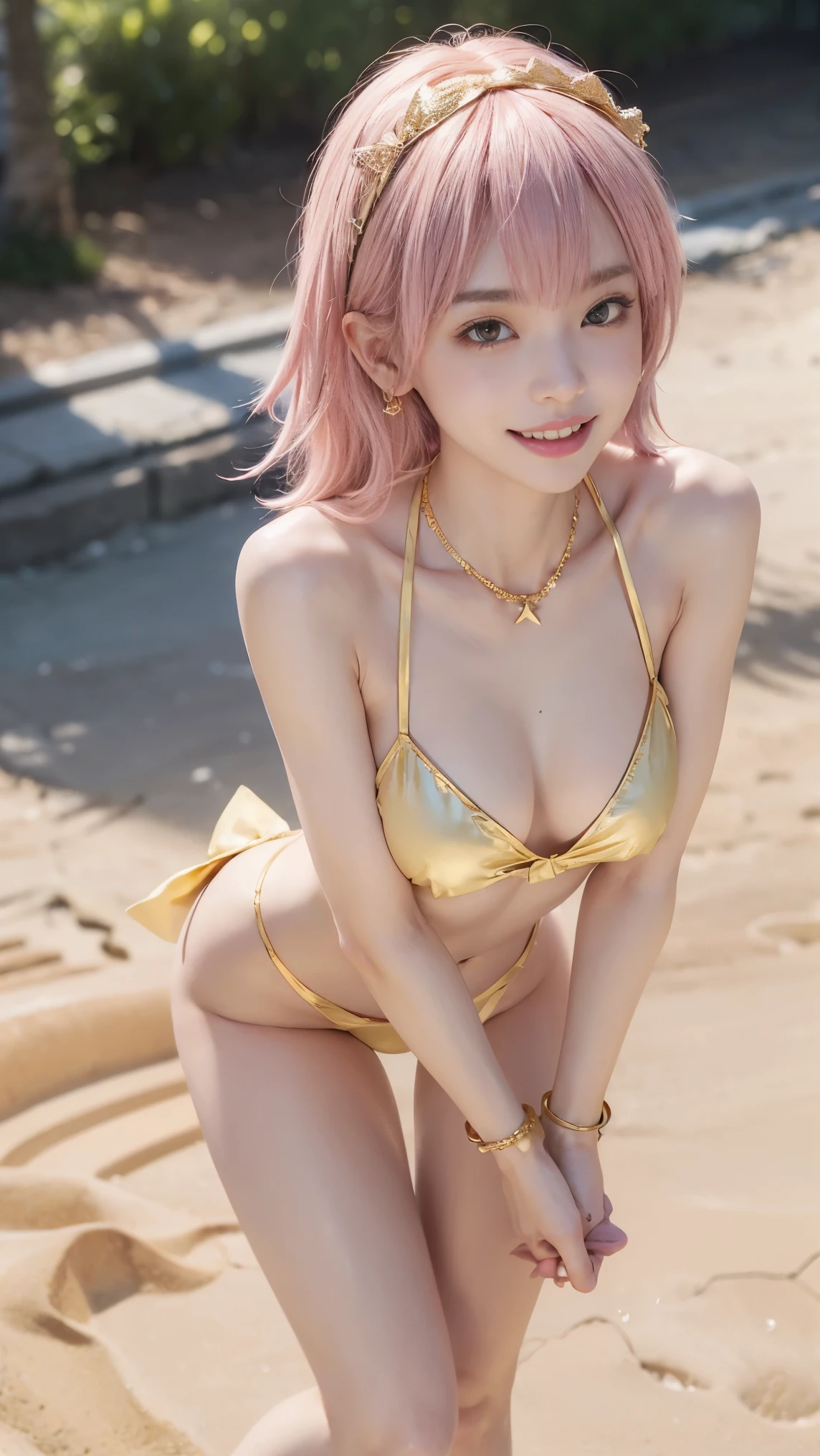 girl, Goblins, Big smile of joy，beautiful and moving，(((Flat Chest))),Do a dynamic dance、How to wear a Painted Mimi headband、((((Thin arms、Narrow waist、Slender upper body、Thin thighs、Slim lower body))))、Medium Long Hair、(((Pink Hair)))、Tropical sandy beaches、Dazzling Smile、Micro Bikini、((Full Body Shot))、golden tiara、Gold earrings、Gold Necklace、Gold bracelet、A bow tie、大きなGold earringsをつける、Wearing golden sandals