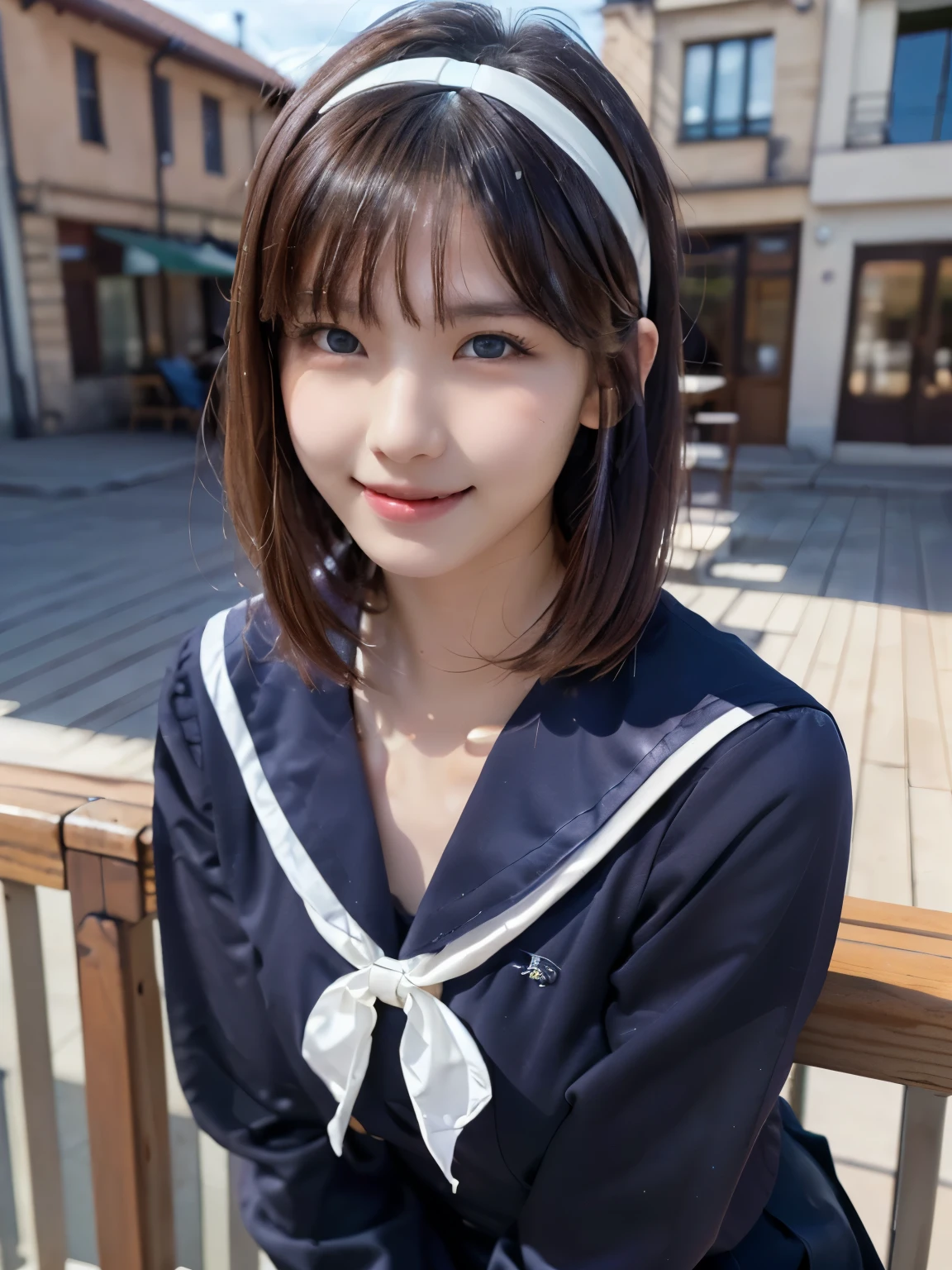 Sailor suit, One Woman, (Beautiful woman, delicate :1.3), Black Hair, Bobcut, bangs, (8k), (highest quality: 1.2), (Realistic), (Realistic: 1.37), (masterpiece), (Ultra-high resolution), (RAW Photos), (Absolute Resolution), (((face is small compared to body: 1.4))), (((Small face:1.4))), A balanced face, (Small Mouth: 1.4), ((Slim female body: 1.4)), Black Hair, (((long sleeve Sailor suit))), Realistic女子高生, (((White headband))), Small breasts, Slanted Eyes, Bright Blue Eyes, (Cafe on the open terrace), Open your mouth, smile, Blurred, ((full body shot)), Black Stockings, Black garter belt,