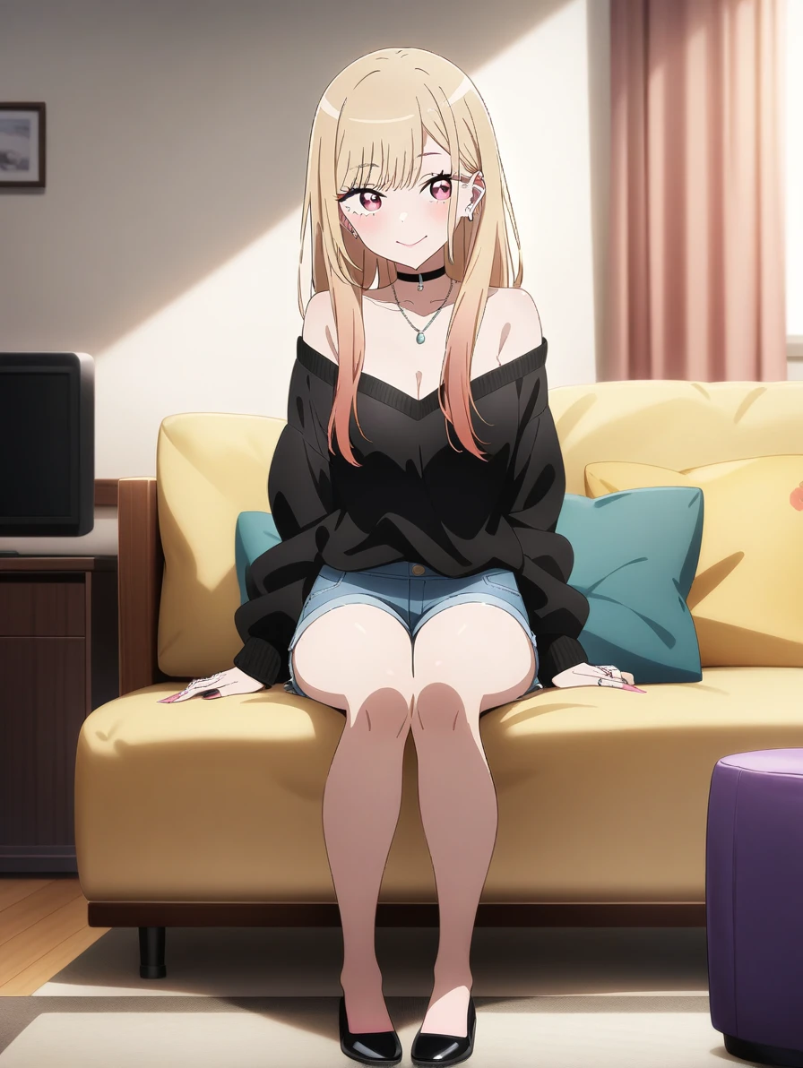 masterpiece, best quality, very aesthetic, absurdres, 1girl, kitagawa marin, sono bisque doll wa koi wo suru, off shoulder knit, short shorts, my room, sitting sofa, watching television, light smile, full body, key visual, highly detailed