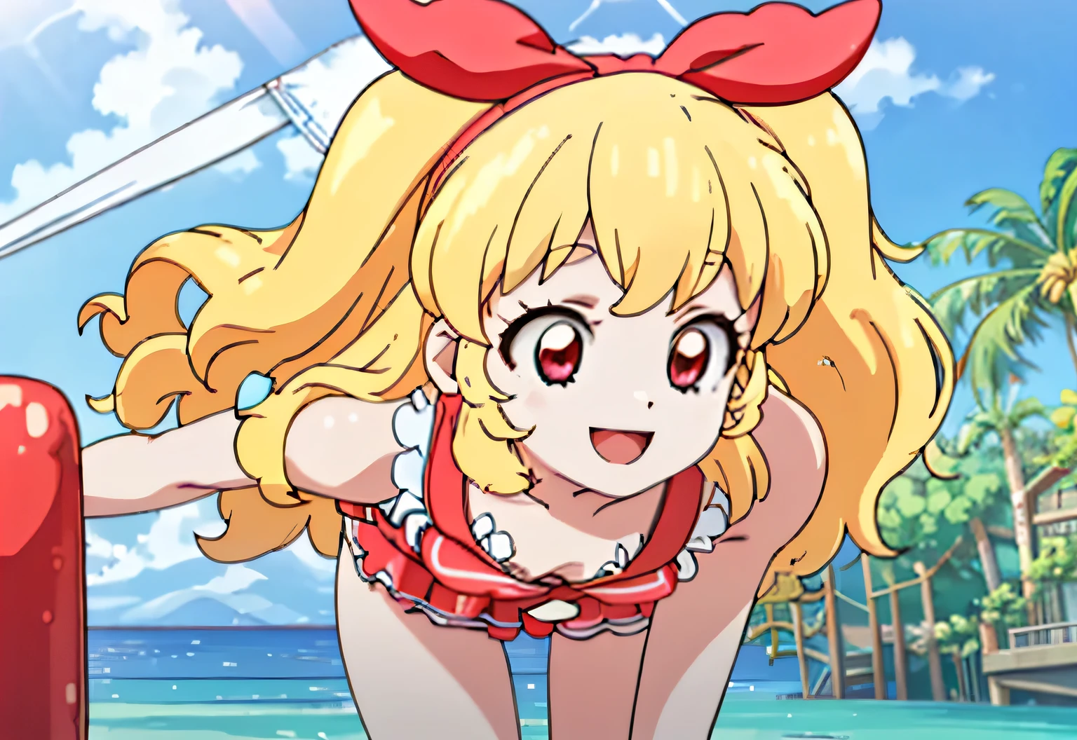 Masterpiece、Masterpiece、smile、Open your mouth、Twin tails、Blonde、cute ruffle swimsuit、Red ribbon、Seaside、Beach parasol、Sandy Beach、Ripples、Lean forward with your hands on your knees、Sunshine、Close-up of face、Cleavage