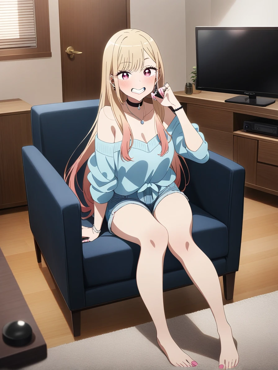 masterpiece, best quality, very aesthetic, absurdres, 1girl, kitagawa marin, sono bisque doll wa koi wo suru, off shoulder knit, short shorts, my room, sitting sofa, watching television, full body, key visual, highly detailed