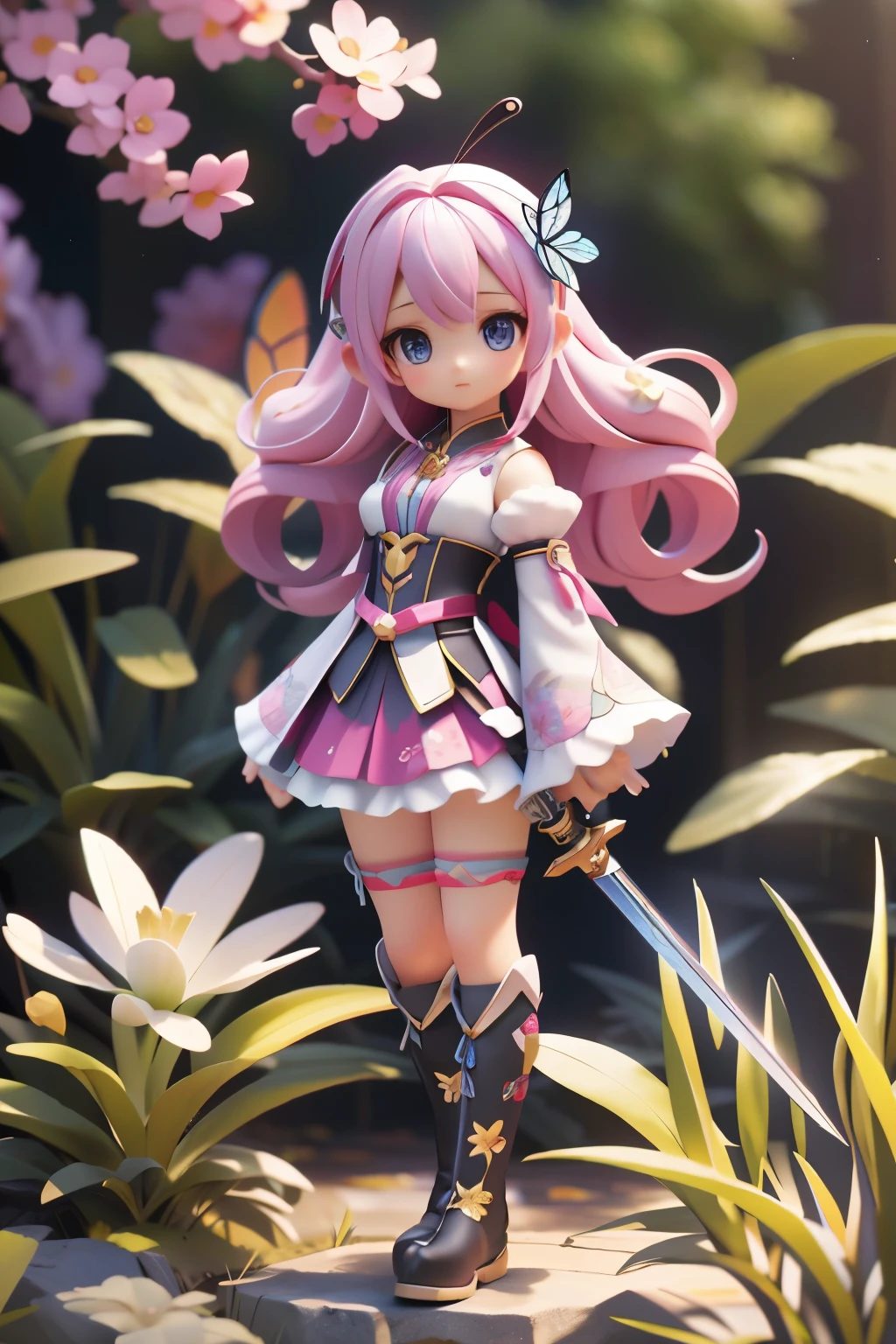 Octane Render、(Hyper-detailing: 1.15)、cinematic lightening、Sword Practice、long sword、Knee-high boots、super fine eyes、Full Paint、(floral hair ornament、butterfly hair ornament)、muste piece、anatomically correct、Blur、Depth of the bounds written