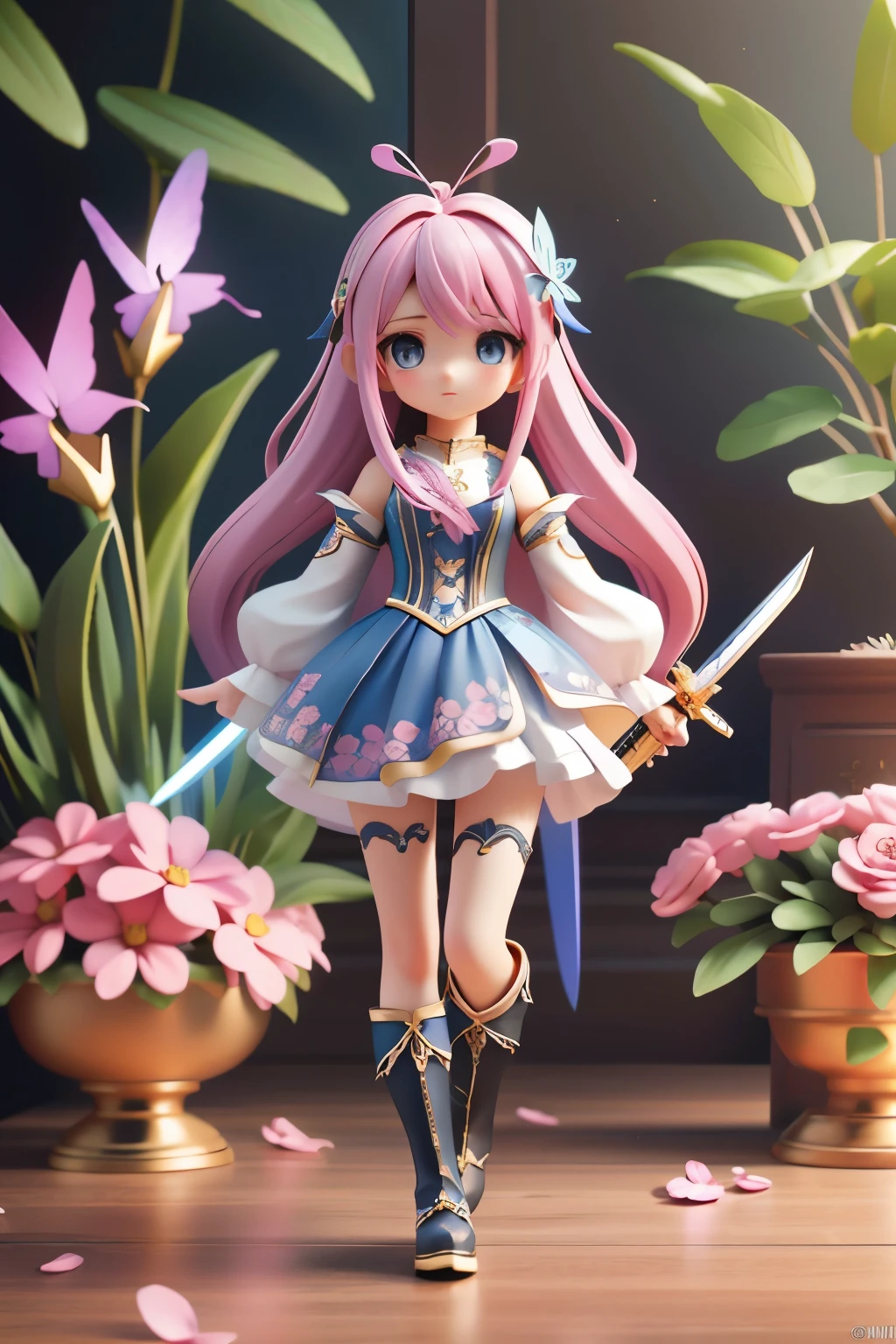 Octane Render、(Hyper-detailing: 1.15)、cinematic lightening、Sword Practice、long sword、Knee-high boots、super fine eyes、Full Paint、(floral hair ornament、butterfly hair ornament)、muste piece、anatomically correct、Blur、Depth of the bounds written