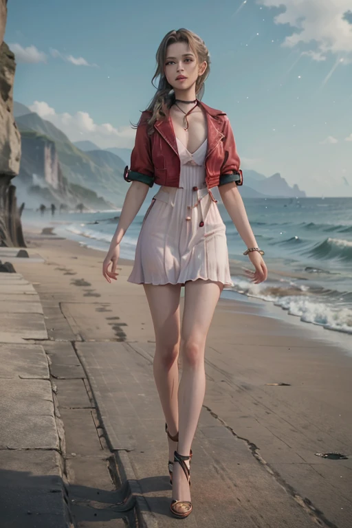 Realistic, realism, photorealism, Photo like a picture, High Contrast, (Large Breasts), (8k high definition detailed Realistic), (highest quality, masterpiece:1.2), Live-action adaptation,  Photon Mapping, Radio City, Physically Based Rendering, highest quality, Very detailed,One Girl, did, Green Eyes,Ocean, null, Beach, Red jacket, Pink Dress,  Cowgirl Pose, Sensual, Full Body View, , Full Body Shot,