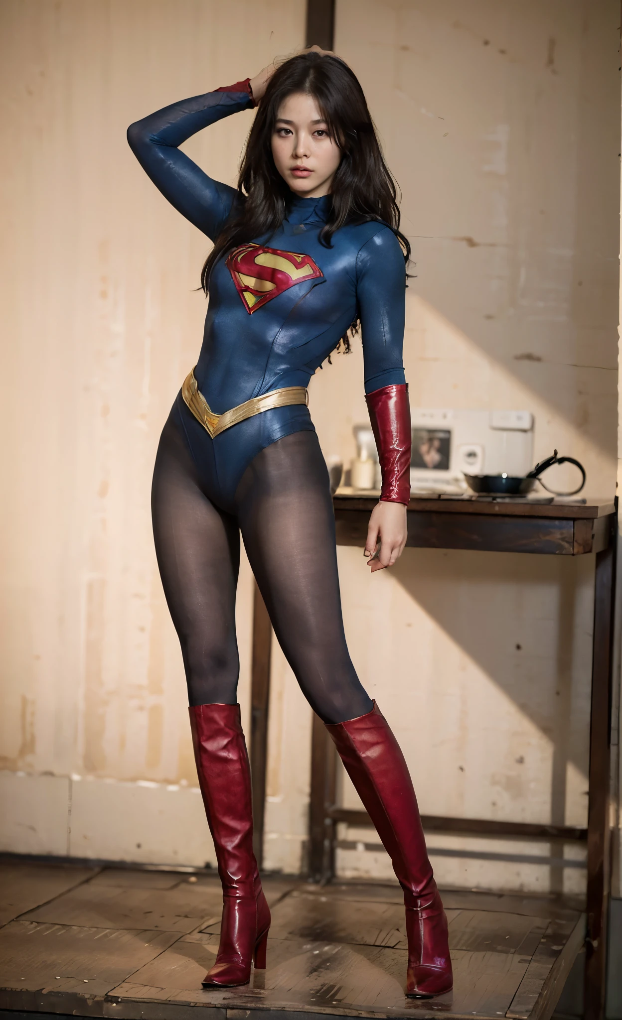 No background、(((She always has her mouth open)))、(((She always looks distressed)))、(((Always close your eyes)))、(((Beautiful legs in black tights.)))、(((Stretch your legs、expensive、Expressing a distressed face)))、((((Make the most of your original images)))、(((Supergirl Costume)))、(((Beautiful hairstyle)))、(((Painful face)))、(((Black tights legs、Wear red boots)))、((Best image quality、8k))、((highest quality、8k、masterpiece:1.3))、(((Preserve background )))、Sharp focus:1.2、Beautiful woman with perfect figure:1.4、Slim Abs:1.2、Wet body:1.5、Highly detailed face and skin texture、8k