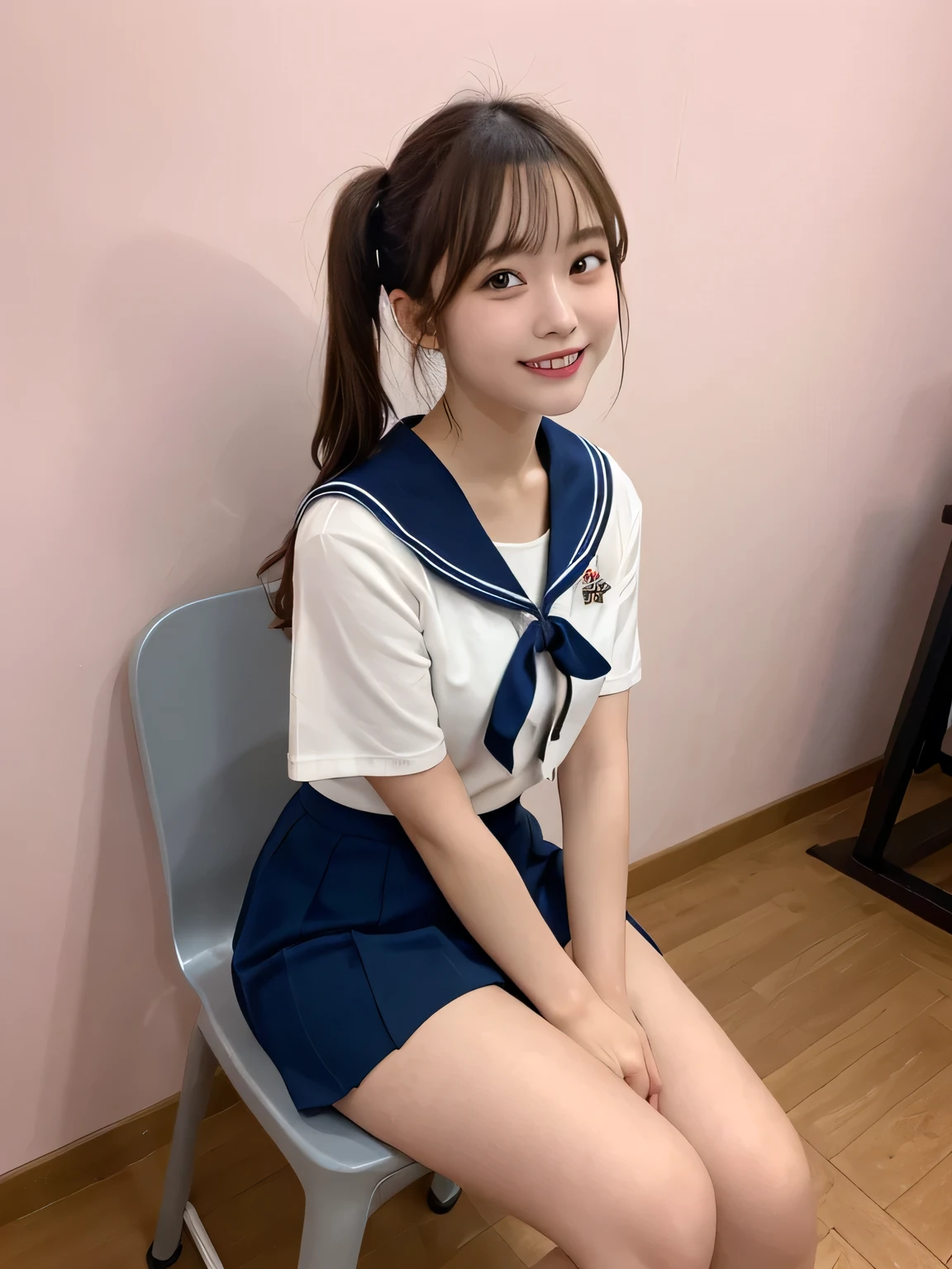 In detail,Blonde、Full body photo、 One high school girl、High resolution, high quality、Slim body、Perfect dynamic composition, Beautiful fine details, Blonde、Twin tails、Natural color lip,Kamimei、17-year-old girl、Clear Skin、Sailor suit、Navy blue mini skirt、Thighs、Shiny Hair、最high quality, figure, Very detailed, In detail, High resolution, 8k、The correct state of the human body、Sculpture model pose,Pink wall,Sitting in a chair、Thighs are visible、smile、