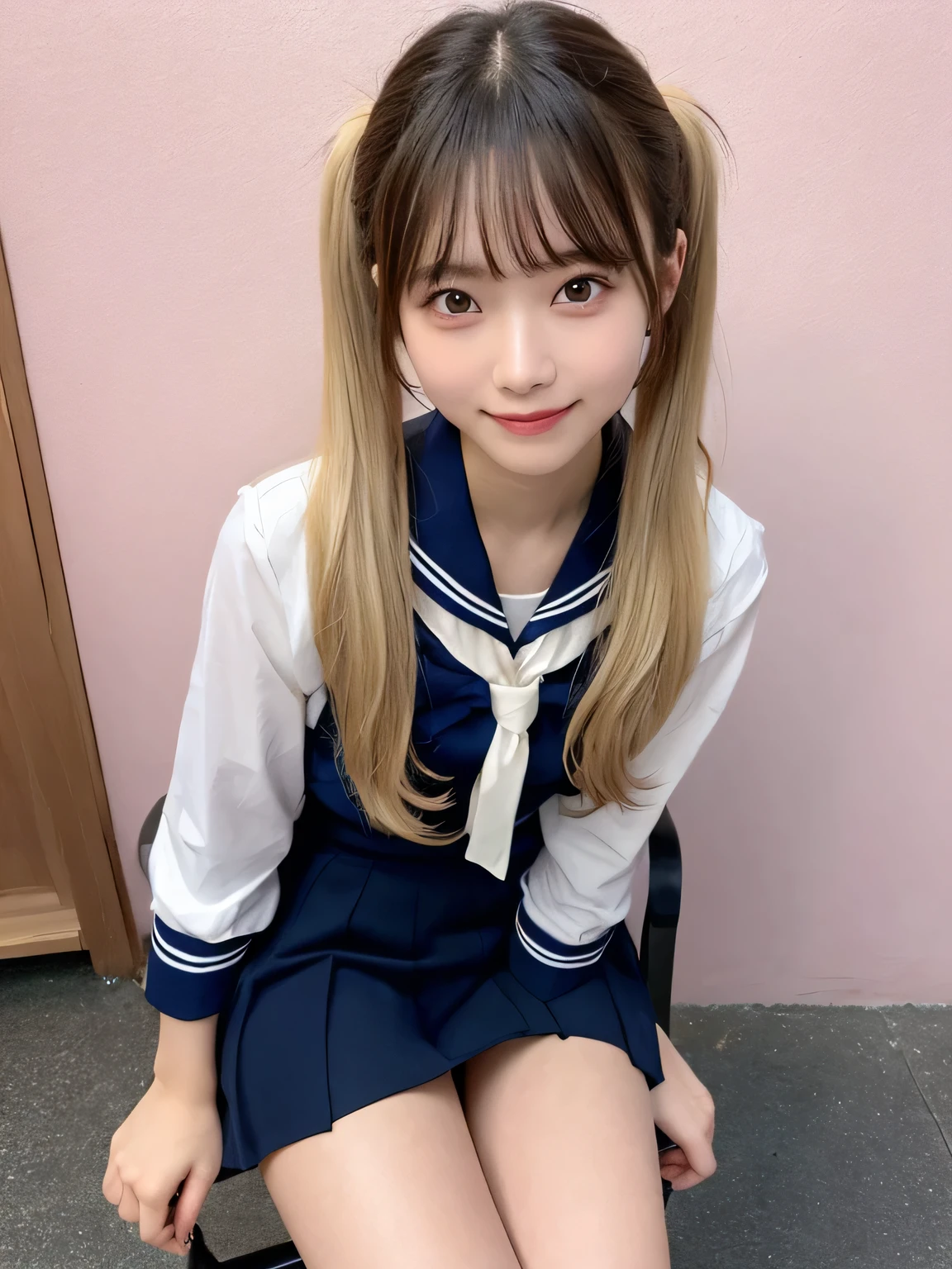 In detail,Blonde、Full body photo、 One high school girl、High resolution, high quality、Slim body、Perfect dynamic composition, Beautiful fine details, Blonde、Twin tails、Natural color lip,Kamimei、-yeld giClear Skin、Sailor suit、Navy blue mini skirt、Thighs、Shiny Hair、最high quality, figure, Very detailed, In detail, High resolution, 8k、The correct state of the human body、Sculpture model pose,Pink wall,Sitting in a chair、Thighs are visible、smile、