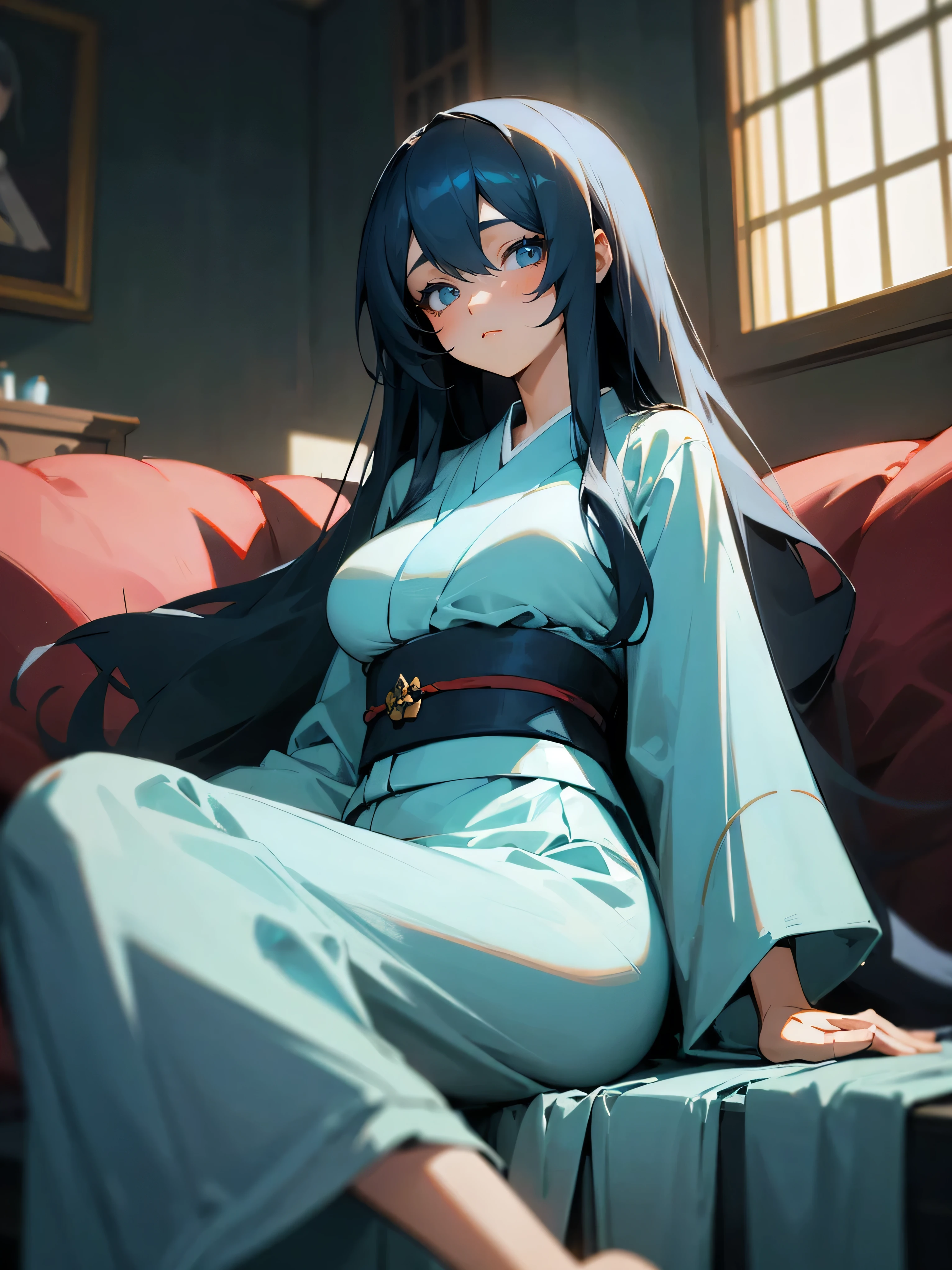 black long hair girl in a light blue kimono with loose hair, sitting in a calm pose in a normal living room. big breasts. modest and elegant. long skirt (looking at viewer:1.1), (masterpiece:1.2), (perfect light:1.1), (perfect colors:1.1) (perfectly composed hands)