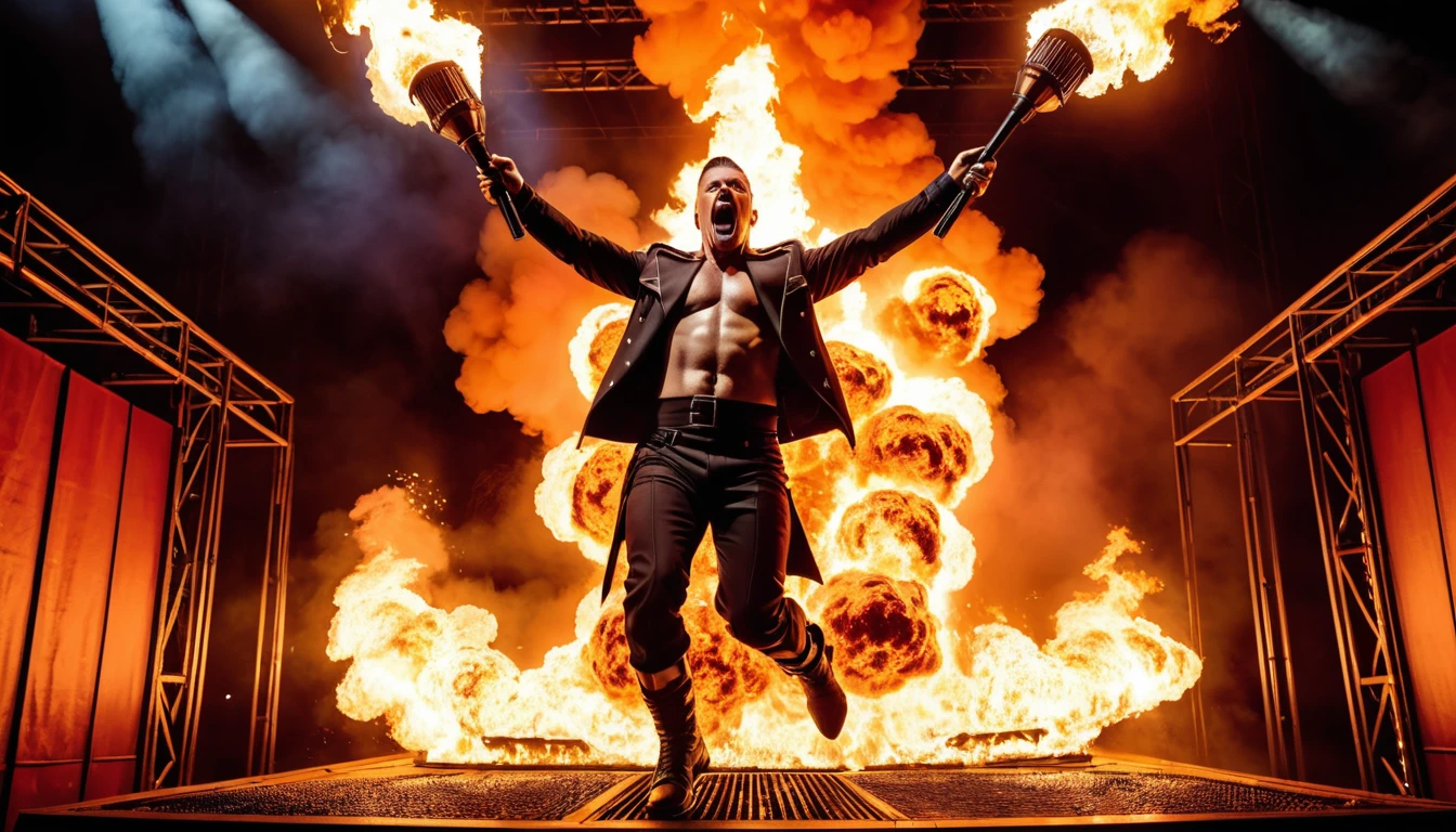 best quality, 4k, high-res, (explosive, fiery:1.1) Rammstein concert stage,(intense, energetic)filars with fire,(passionate, intense)expression,(powerful, fierce)metal band,(enthusiastic, lively)jumping crowd, (loud, energetic)music, (dynamic, intense)lighting, (fiery, vibrant)color tone